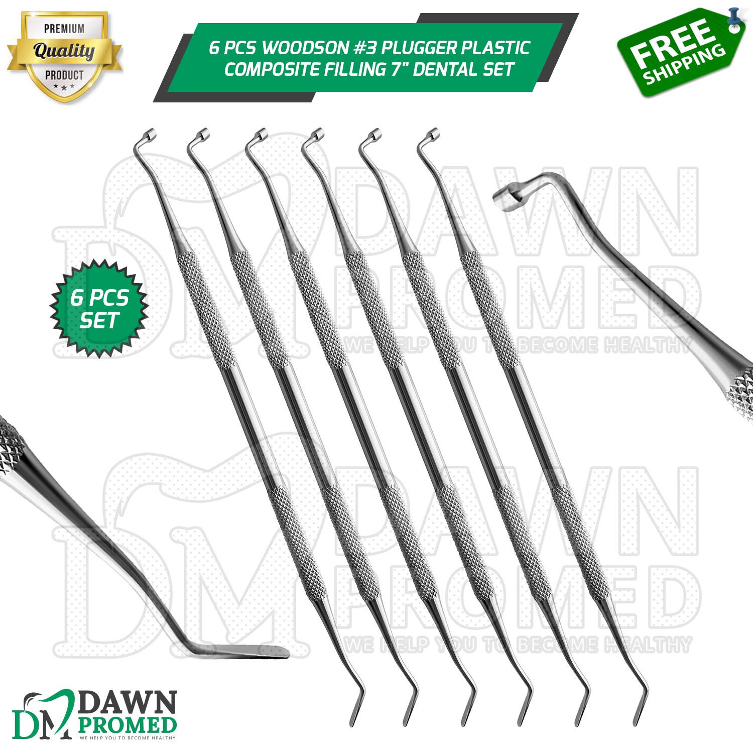 6 Pcs Woodson #3 Plugger Plastic Composite Filling 7″ Double Ended Dental Set