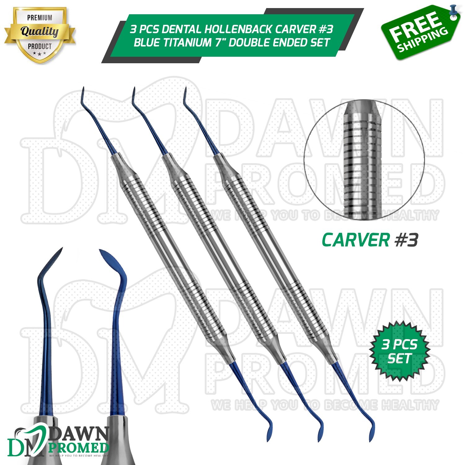 3 Pcs Hollenback Carver #3 Blue Titanium 7″ Double Ended Dental Instruments