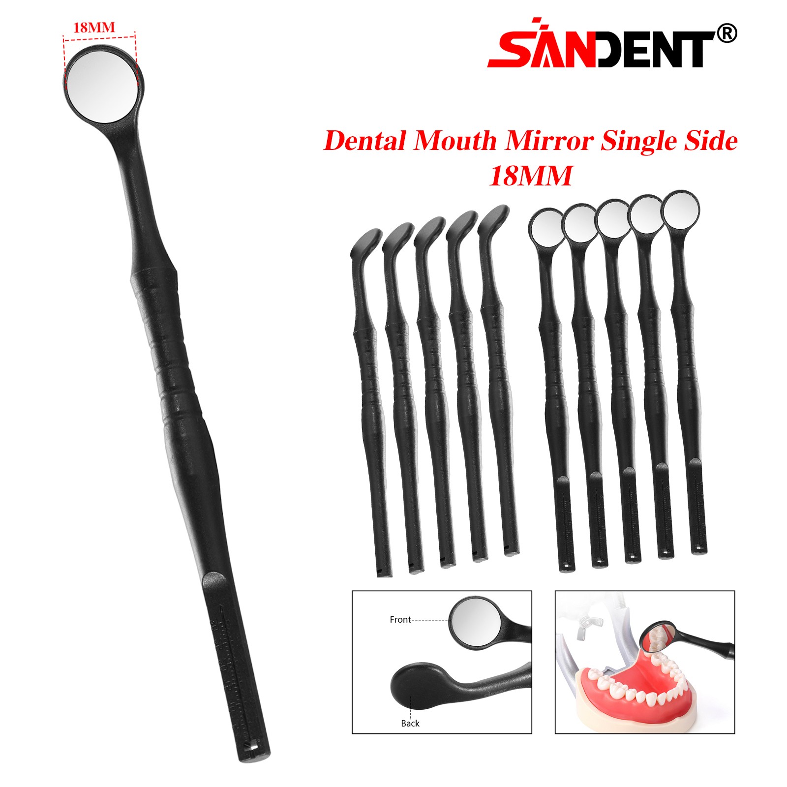 2*10pc Dental Mouth Mirror With Black 18mm Single Side Hand Exam Tool