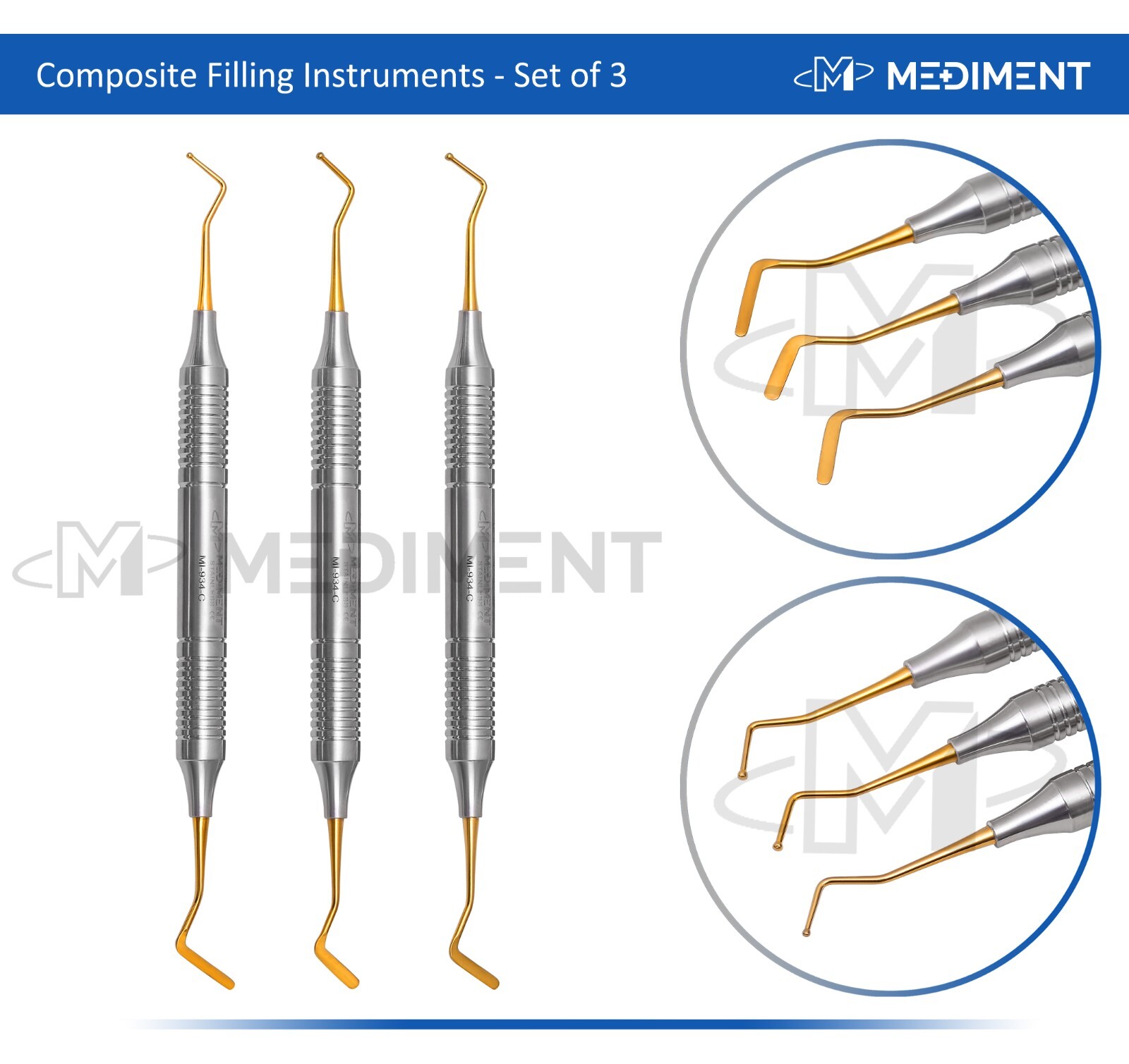 3 Pcs Dental Composite Filling Instrument Gold Titanium Coated Restorative Kit