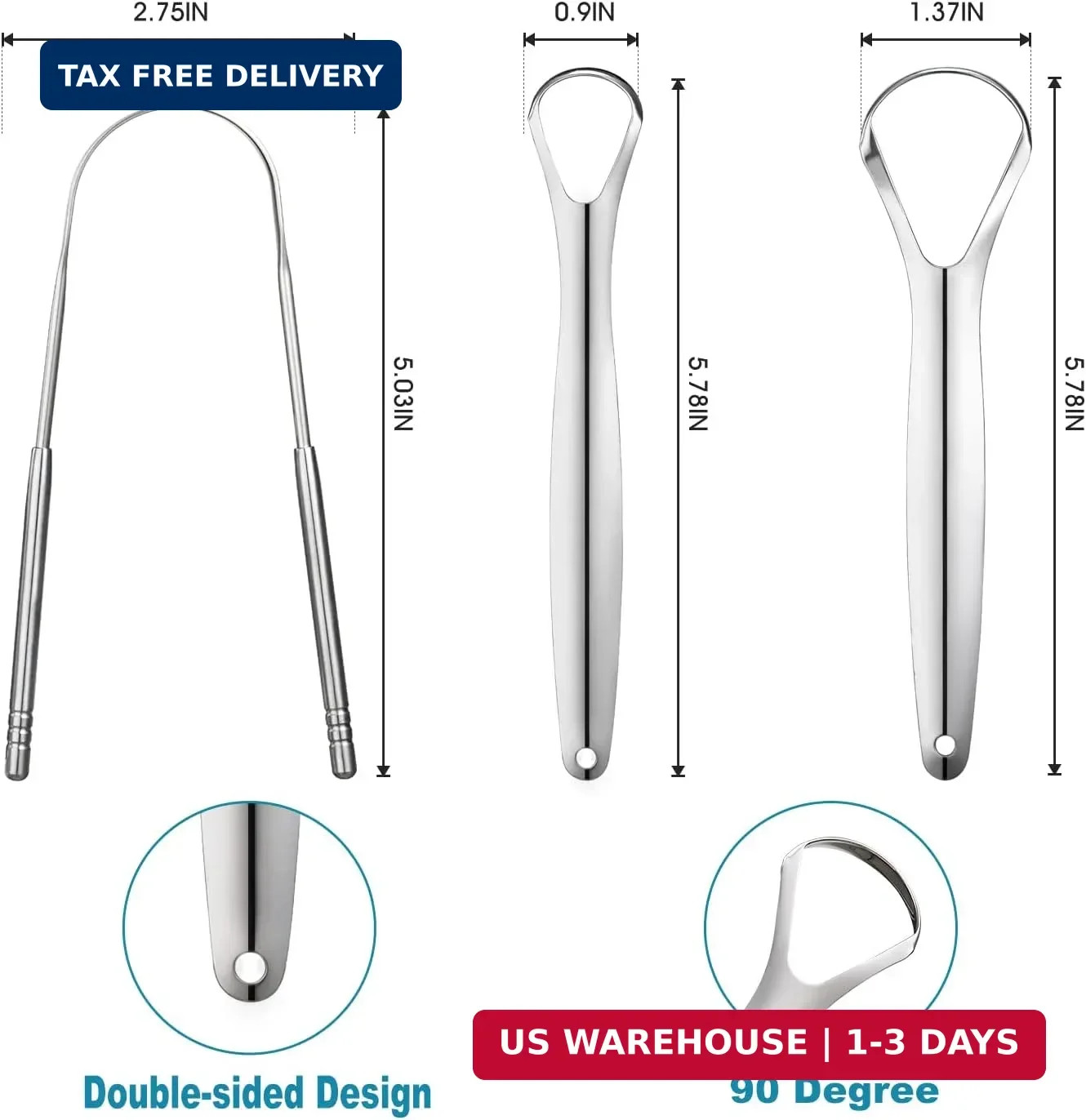 3 PCS Metal Tongue Scraper, Tongue Scrapers for Adults, Stainless Steel Tounge S