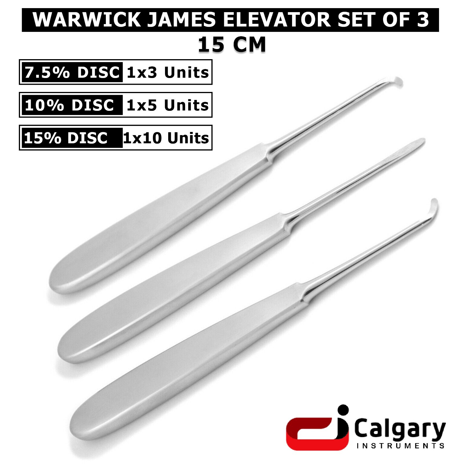 Warwick James Elevator Set Straight, Left & Right Root Tooth Extractors Set of 3