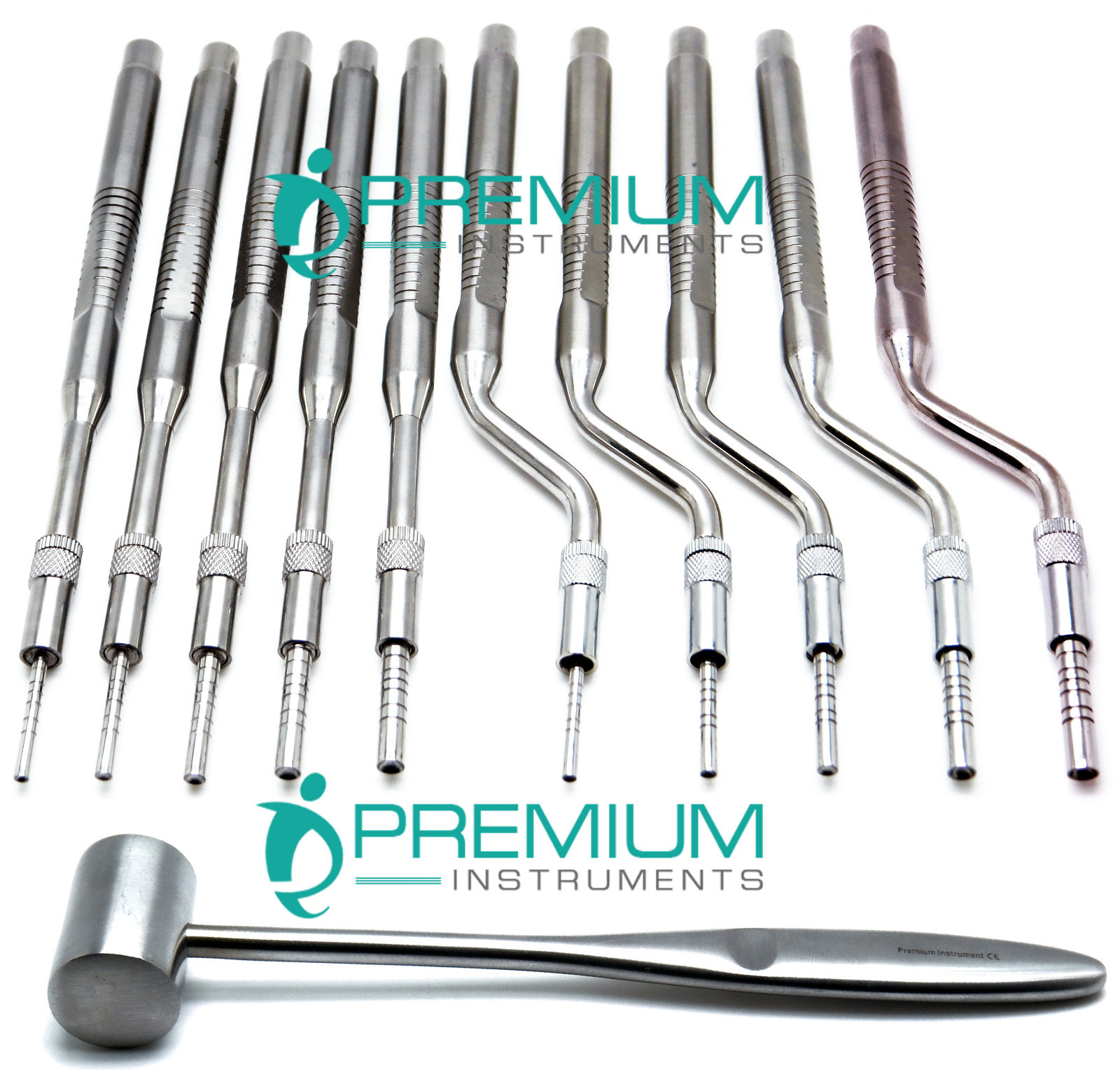 11 Pc Dental Osteotomes Straight & Curved Tip FREE Mallet Spread Instruments