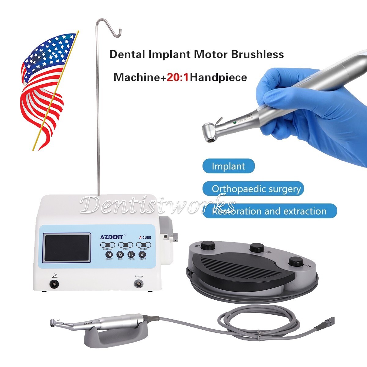 AZDENT Dental Implant Surgical Brushless Motor +20:1 Contra Angle Handpiece