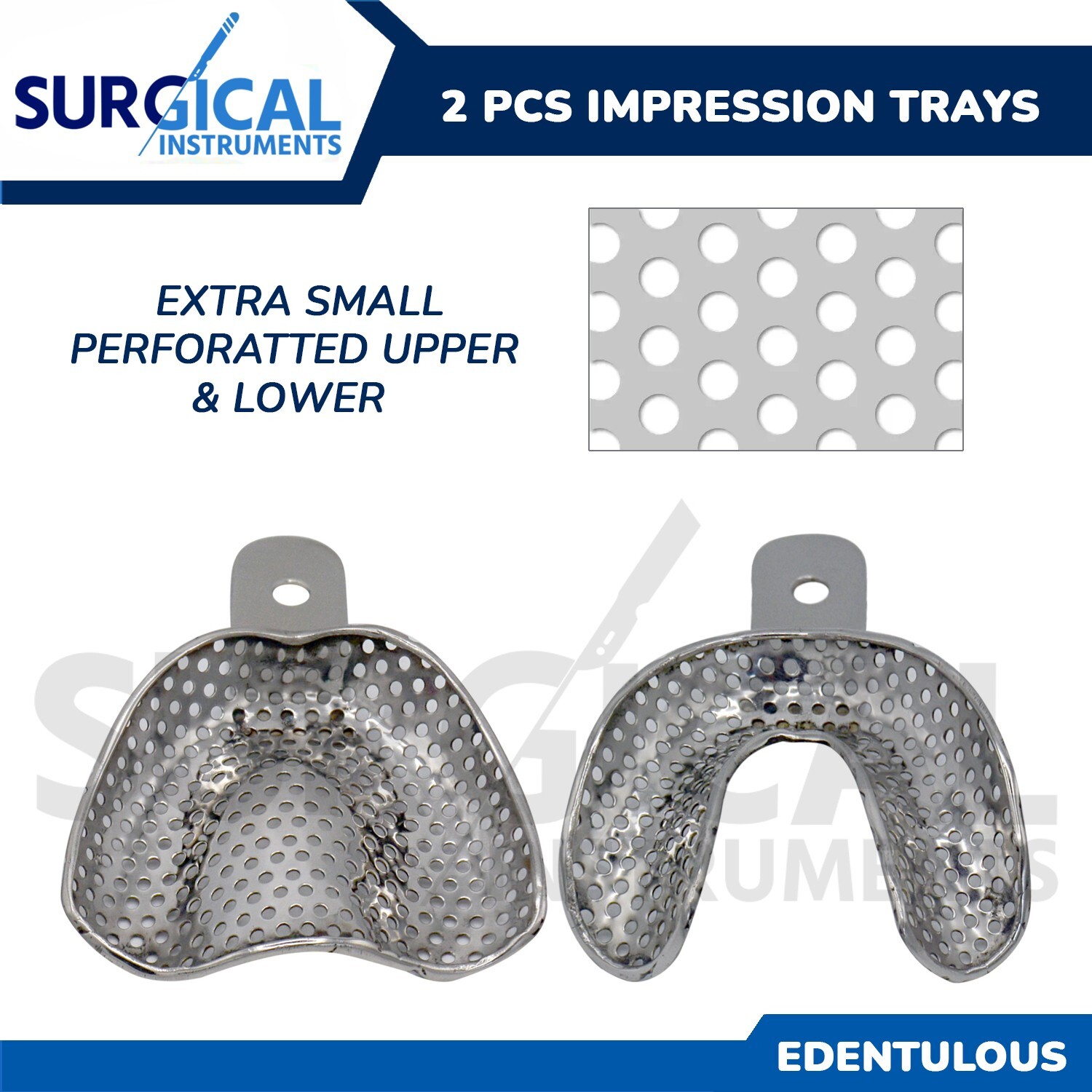 2 Metal Dental Impression Trays set X-Small Perforated Upper & Lower Edentulous