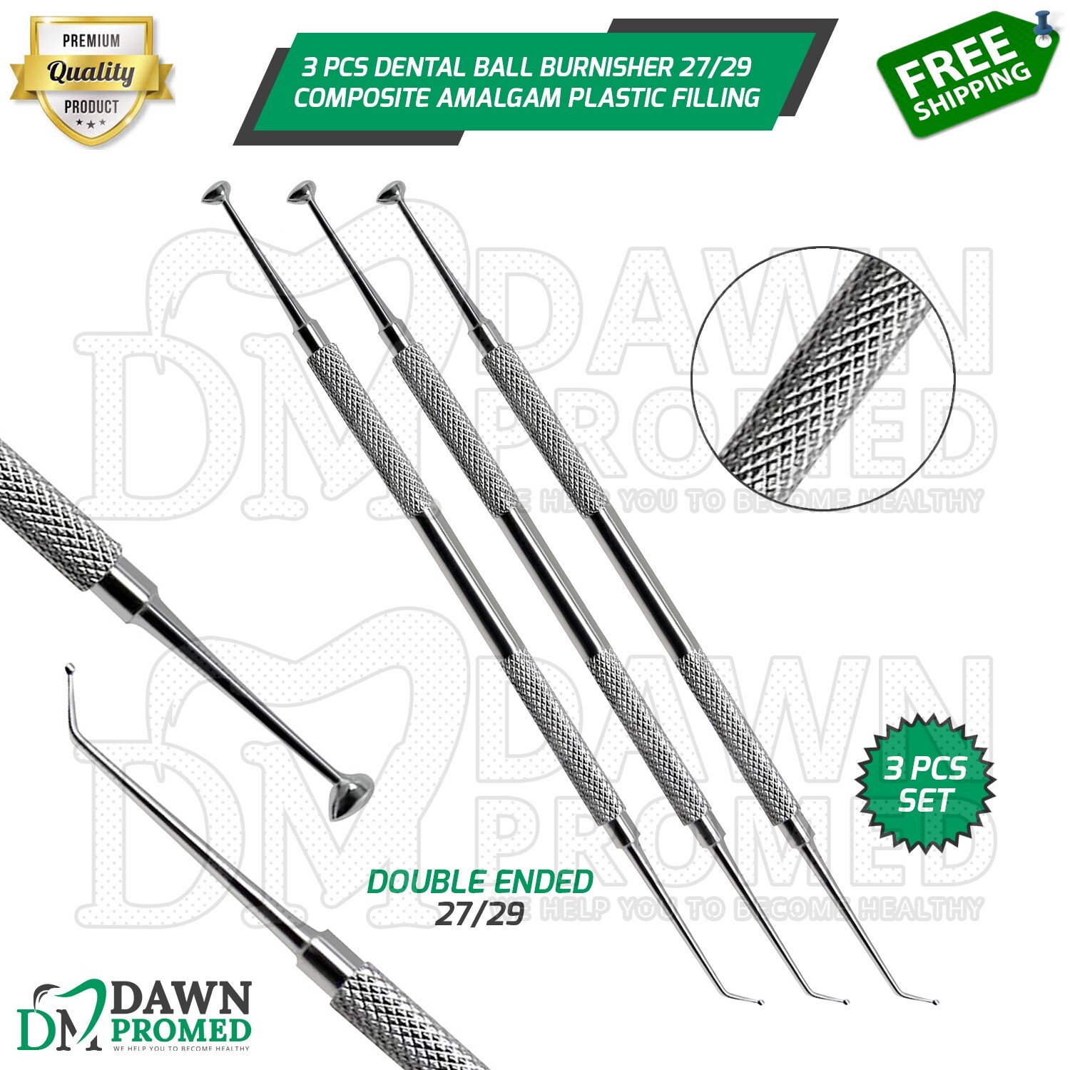 3 Pcs Dental Ball Burnisher 27/29 Composite Amalgam Filling Restorative Tool Set