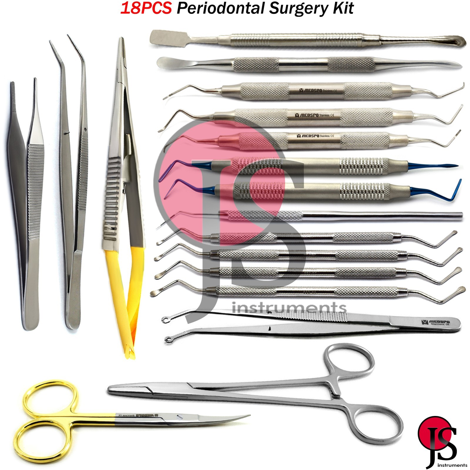 18PCS Periodontal Gum Surgery Kit Curettes Sinus Periosteal Elevator Scissors