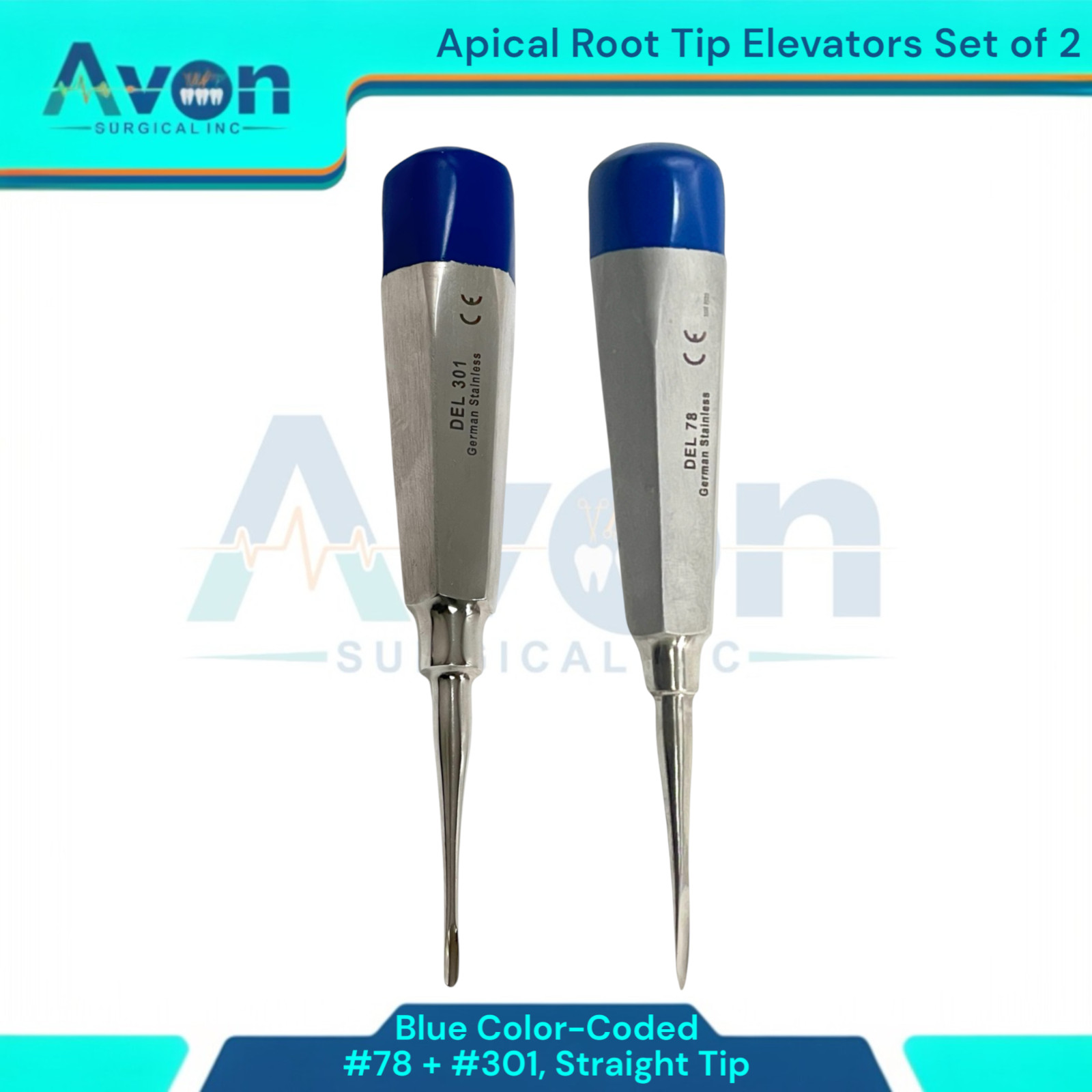 Pack of 2 Apical Root Tip Elevator Picks, Straight Tip (#78 + #301) Color-Coded