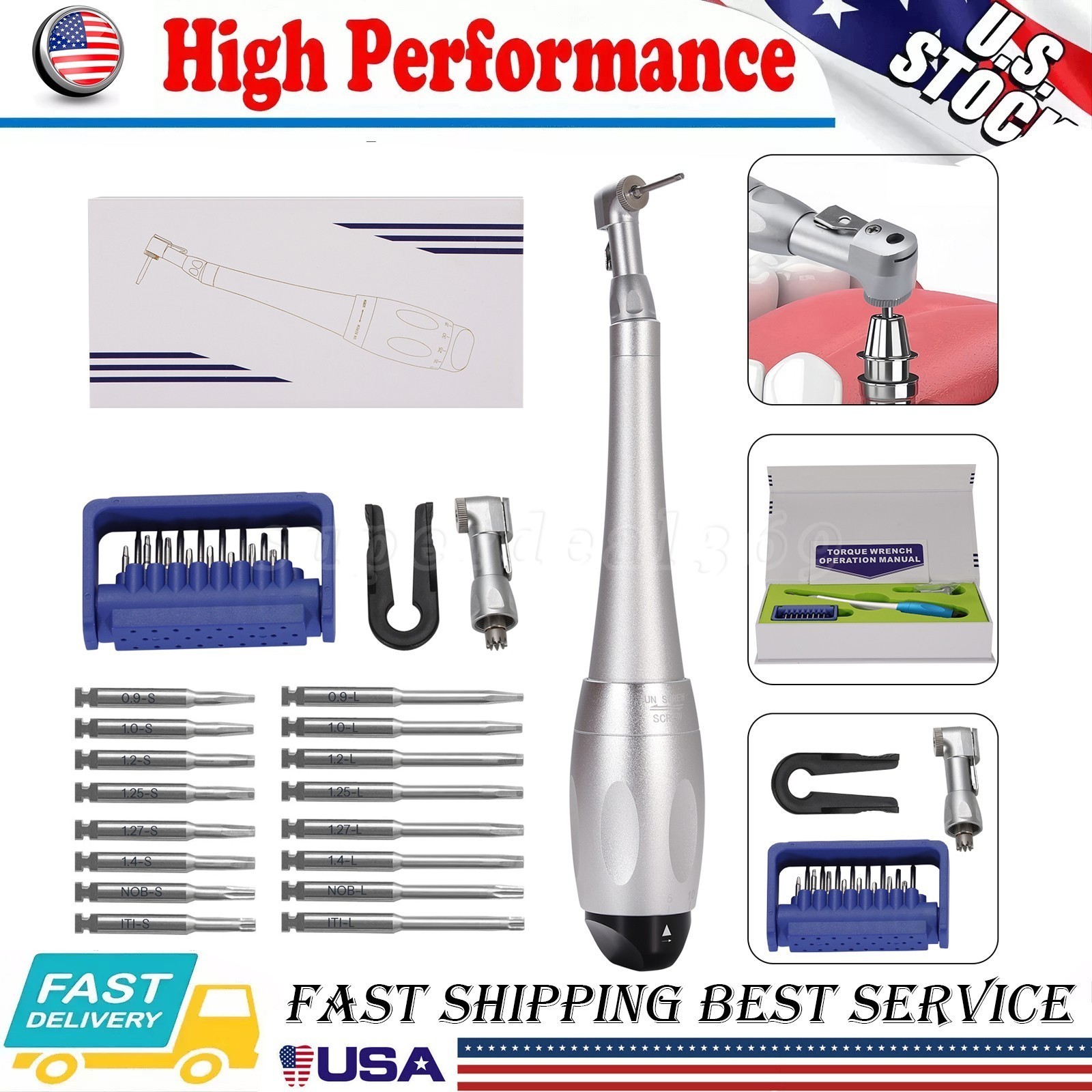 Dental Manual Implant Torque Wrench Handpiece with 16 Screw Drivers 2.35mm 2Head