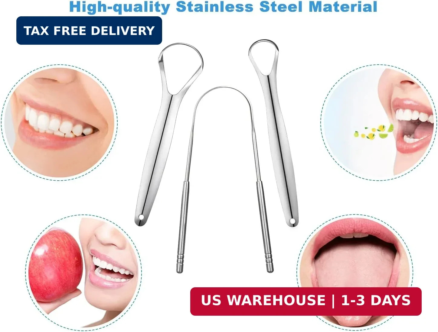 3 PCS Metal Tongue Scraper, Tongue Scrapers for Adults, Stainless Steel Tounge S
