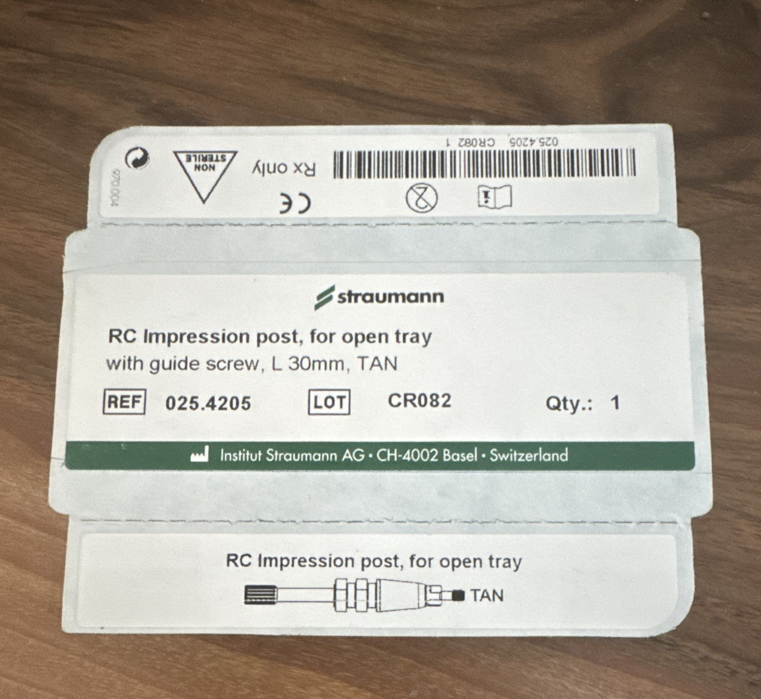 Straumann RC Open Tray Impression Post w/ Guide Screw L 30mm TAN 025.4205
