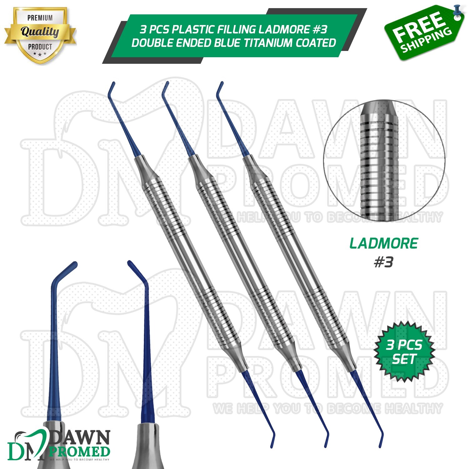 3 Pcs Composite Plastic Filling Ladmore #3 Double Ended Blue Titanium Coated Set