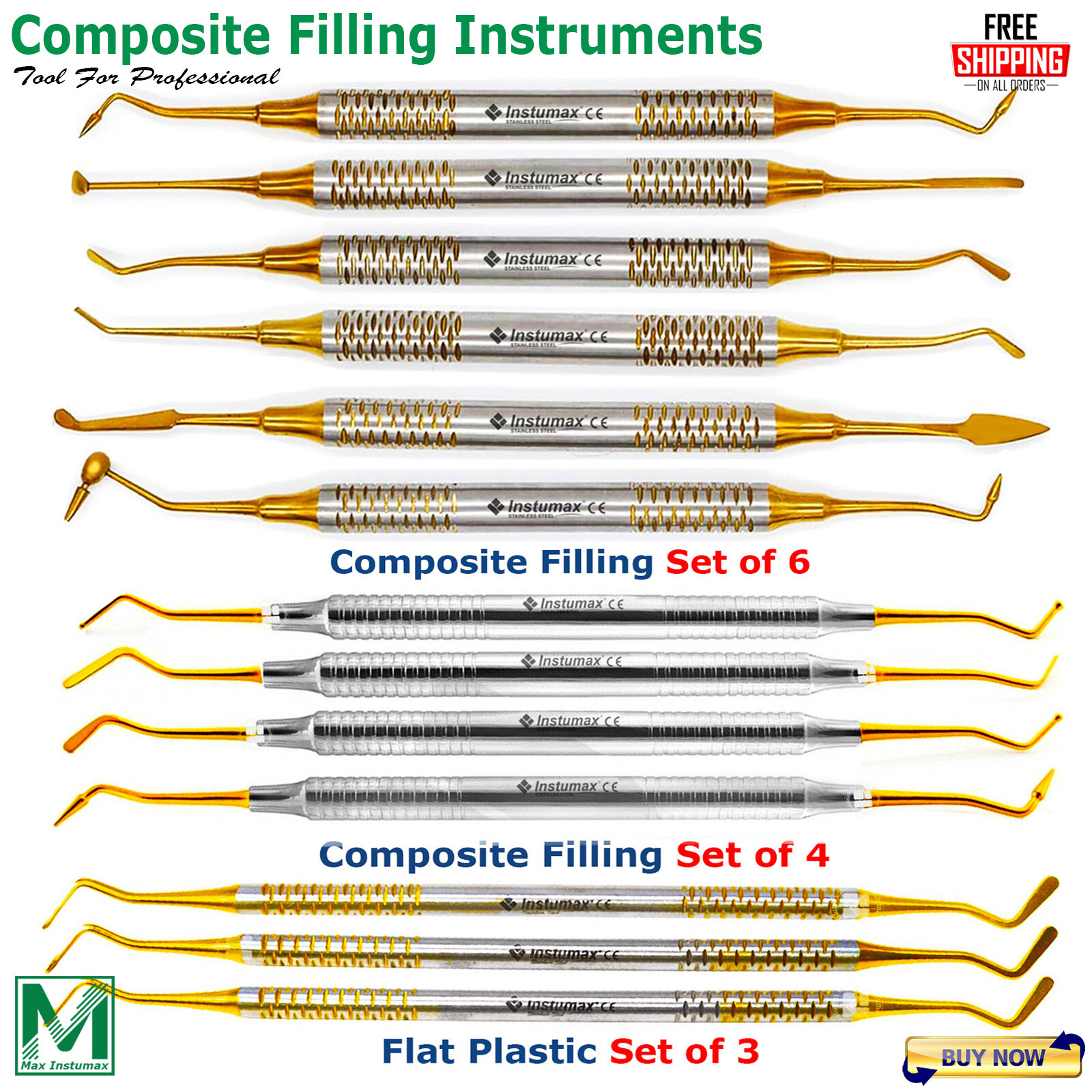 Dental Composite Filling Instruments Flat Plastic Titanium Gold Tips Set of 13PC