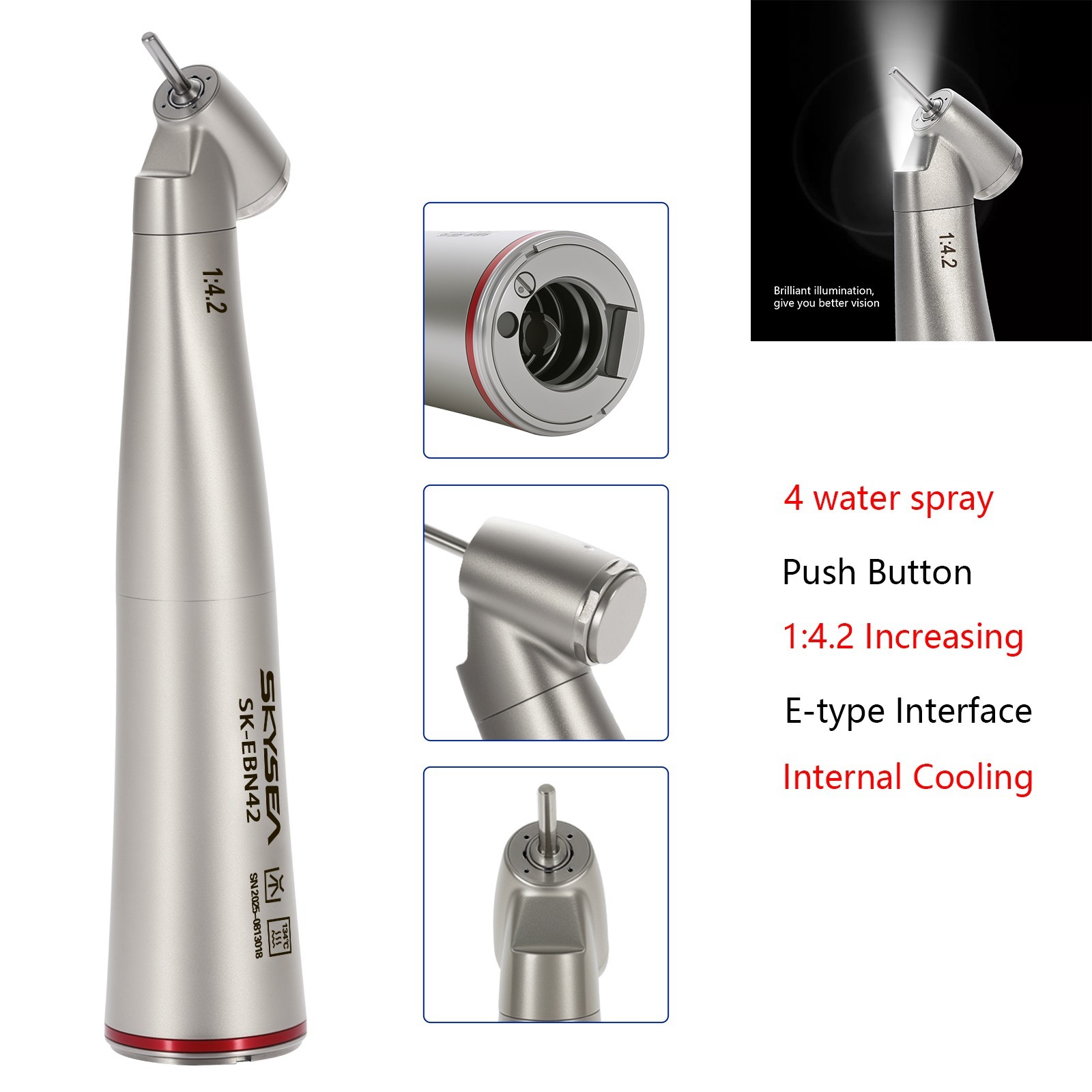 Dental 1:4.2 Increasing 45 Degree LED Contra Angle Internal Handpiece SKYSEA