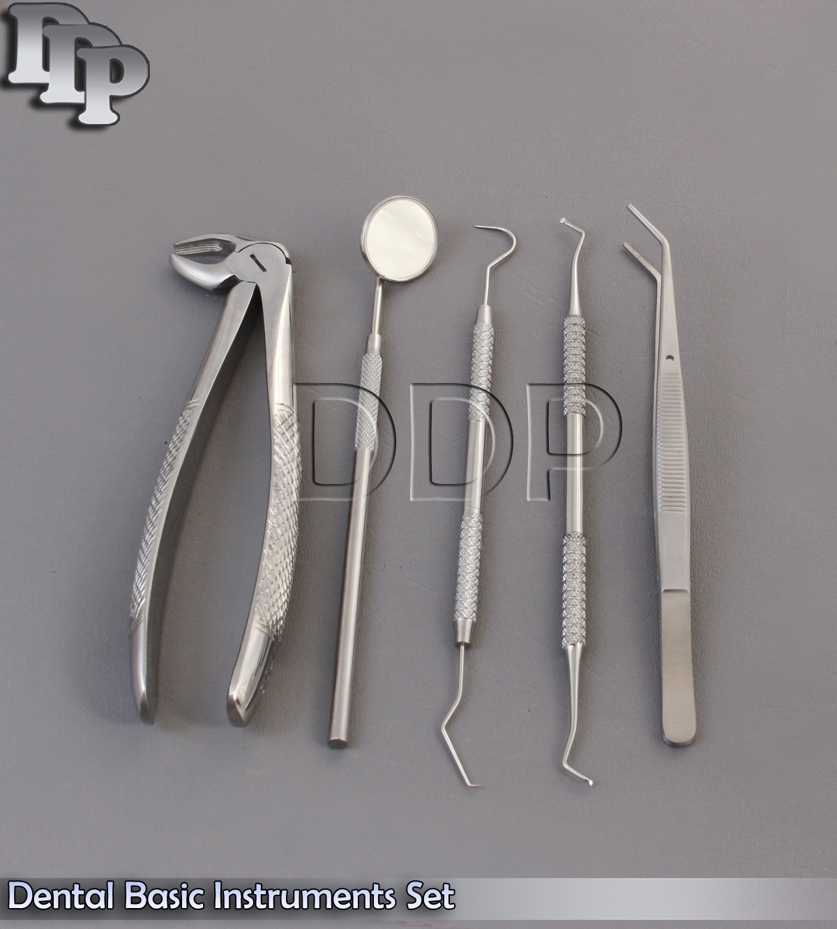 5 Dental Basic Instruments Set Mirror, Plier, Explorer, Extracting Forceps #MD3