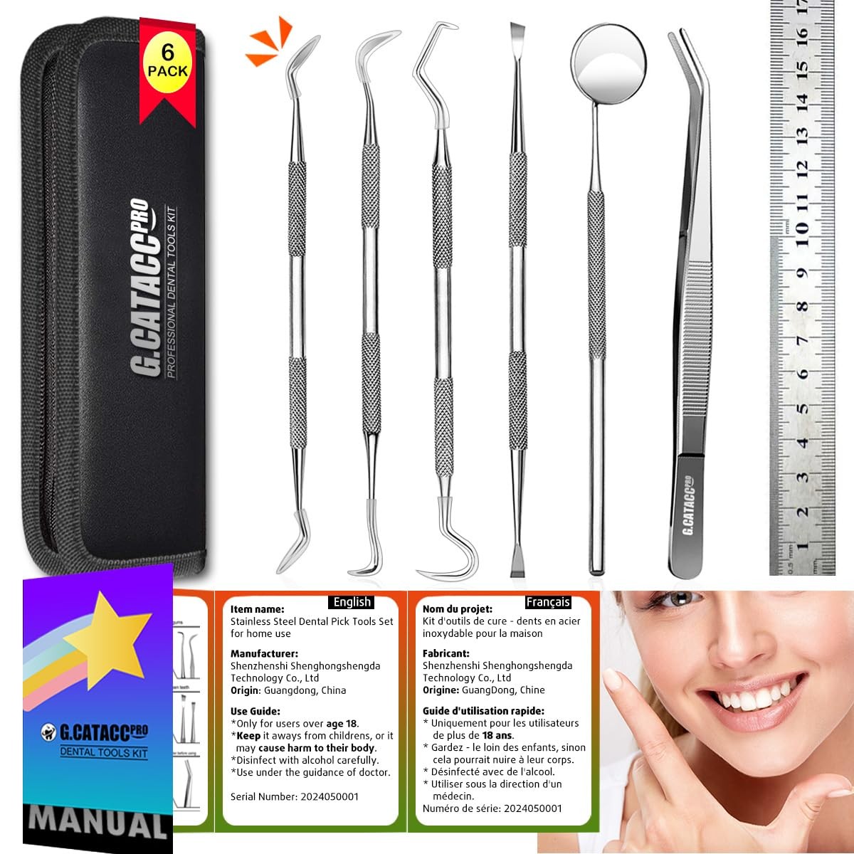 G.CATACC Dental Tools, 7 Piece Set, 6 Pack Tools With Black Case