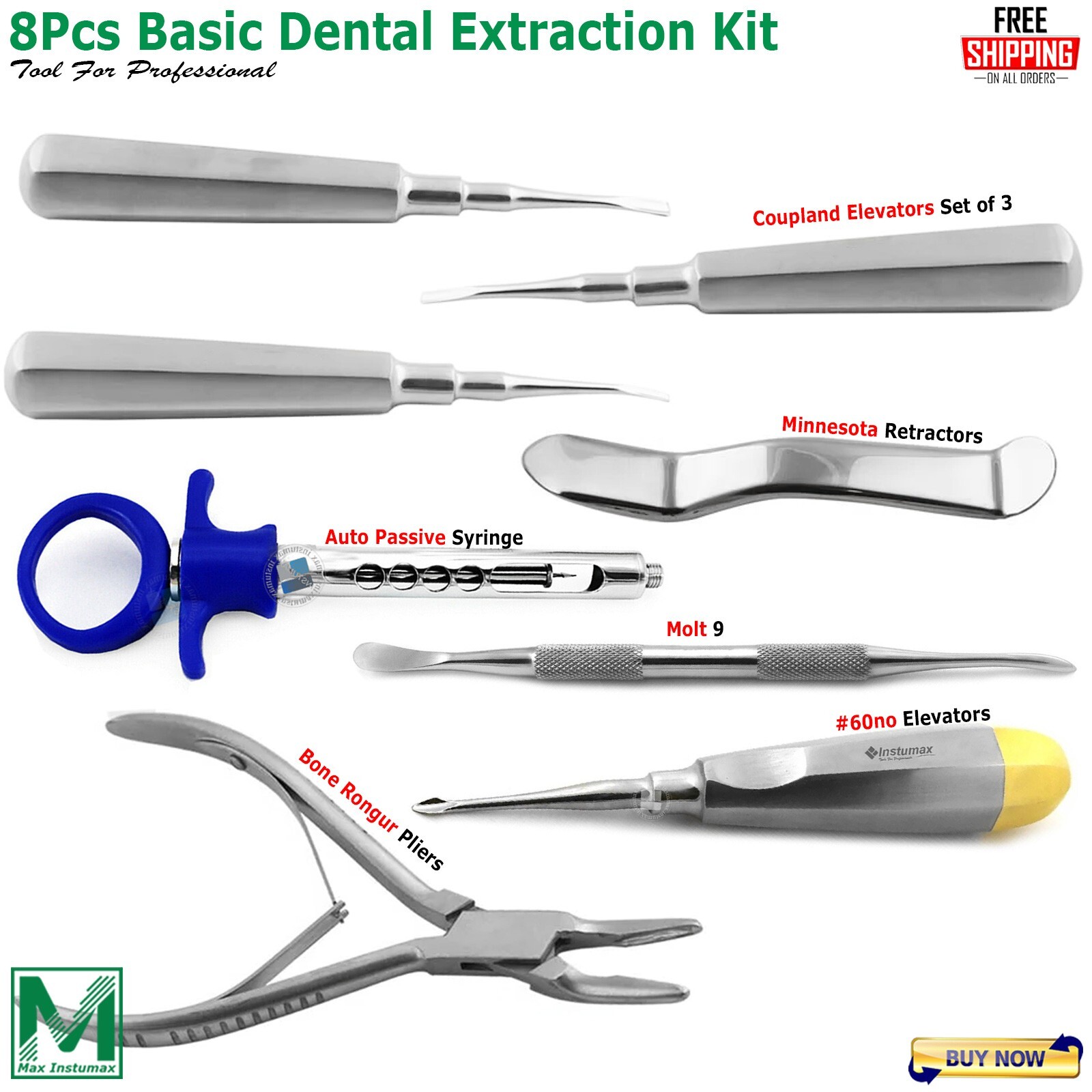 8Pcs Basic Dental Extraction Kit Tooth Forceps Root Elevators Periosteal Molt-9