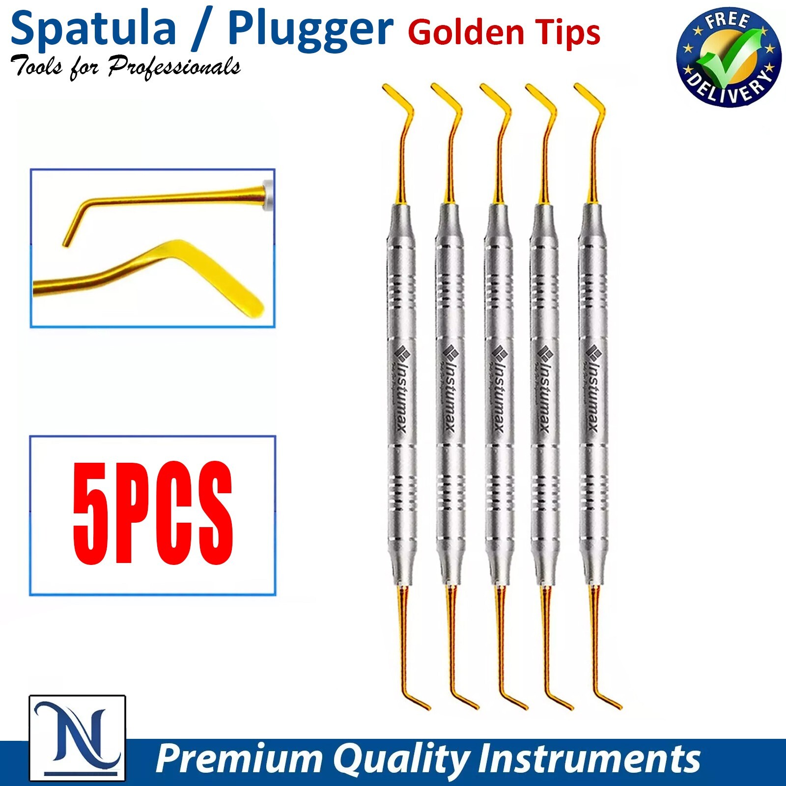 5pc Dental Composite Kit Spatula & Plugger Set Dentist Tools Titanium Golden Tip