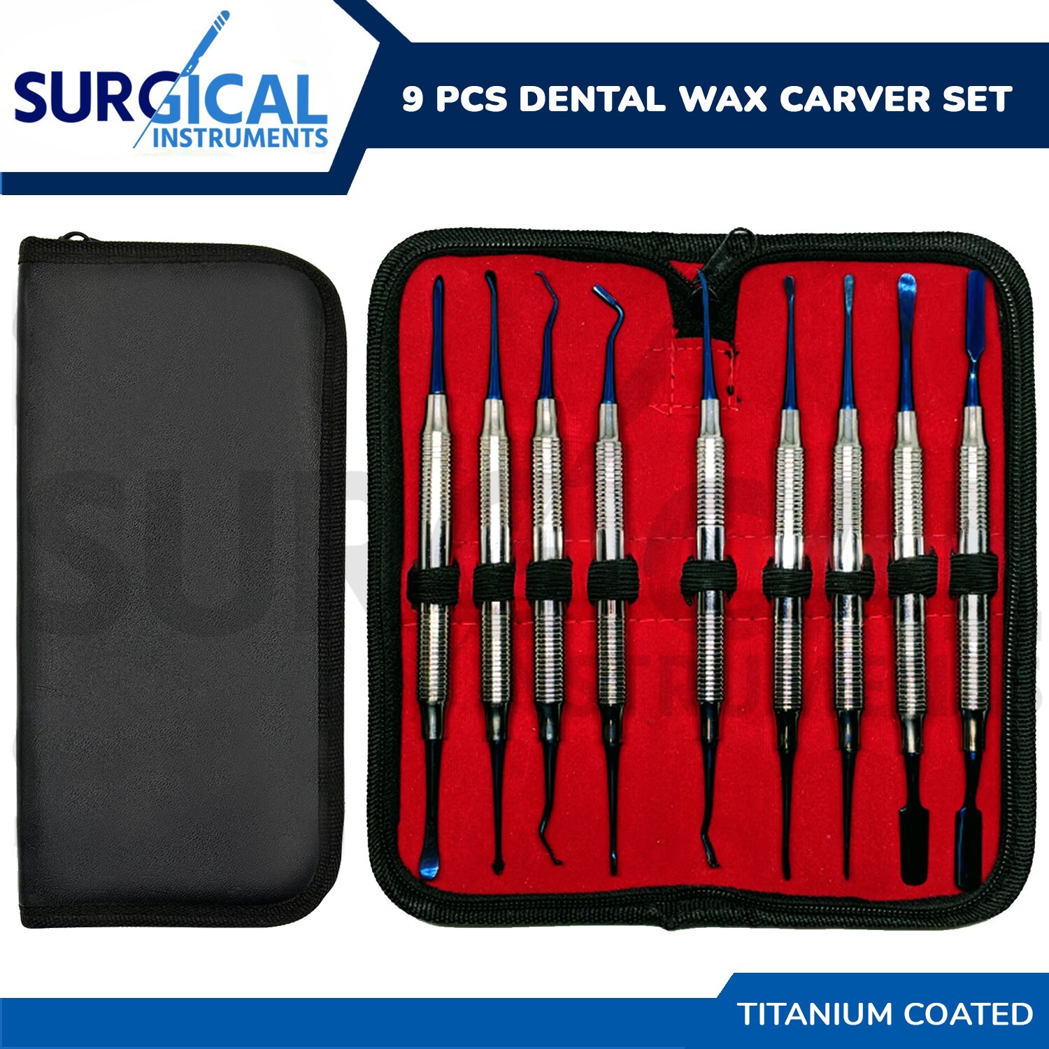 9 Pcs Titanium Coated Dental Wax Carver Set Stainless Steel Handle German Grade