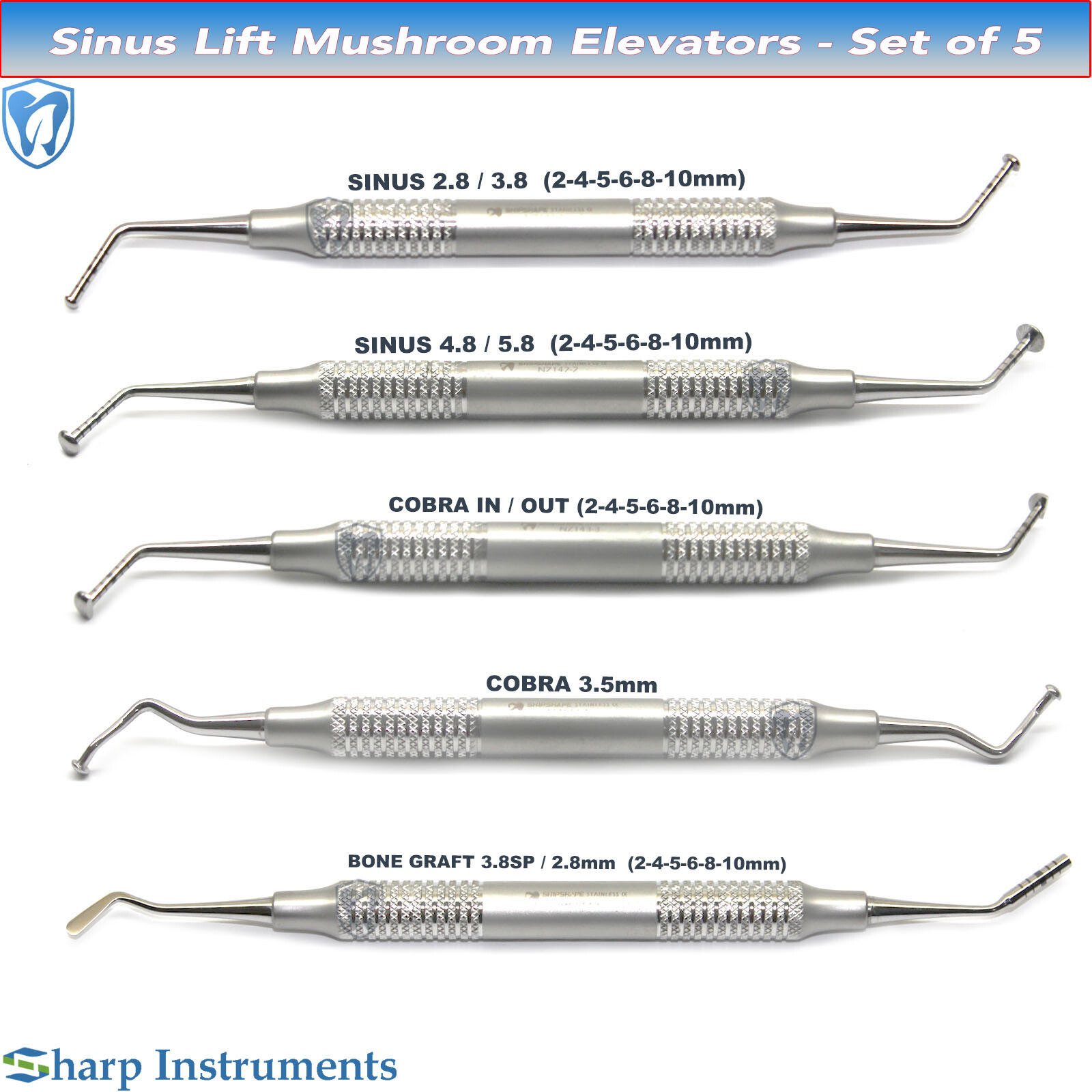 Set of 5Pcs Sinus Lift Mushroom Elevator Cobra In/Out Implant Membrane Procedure