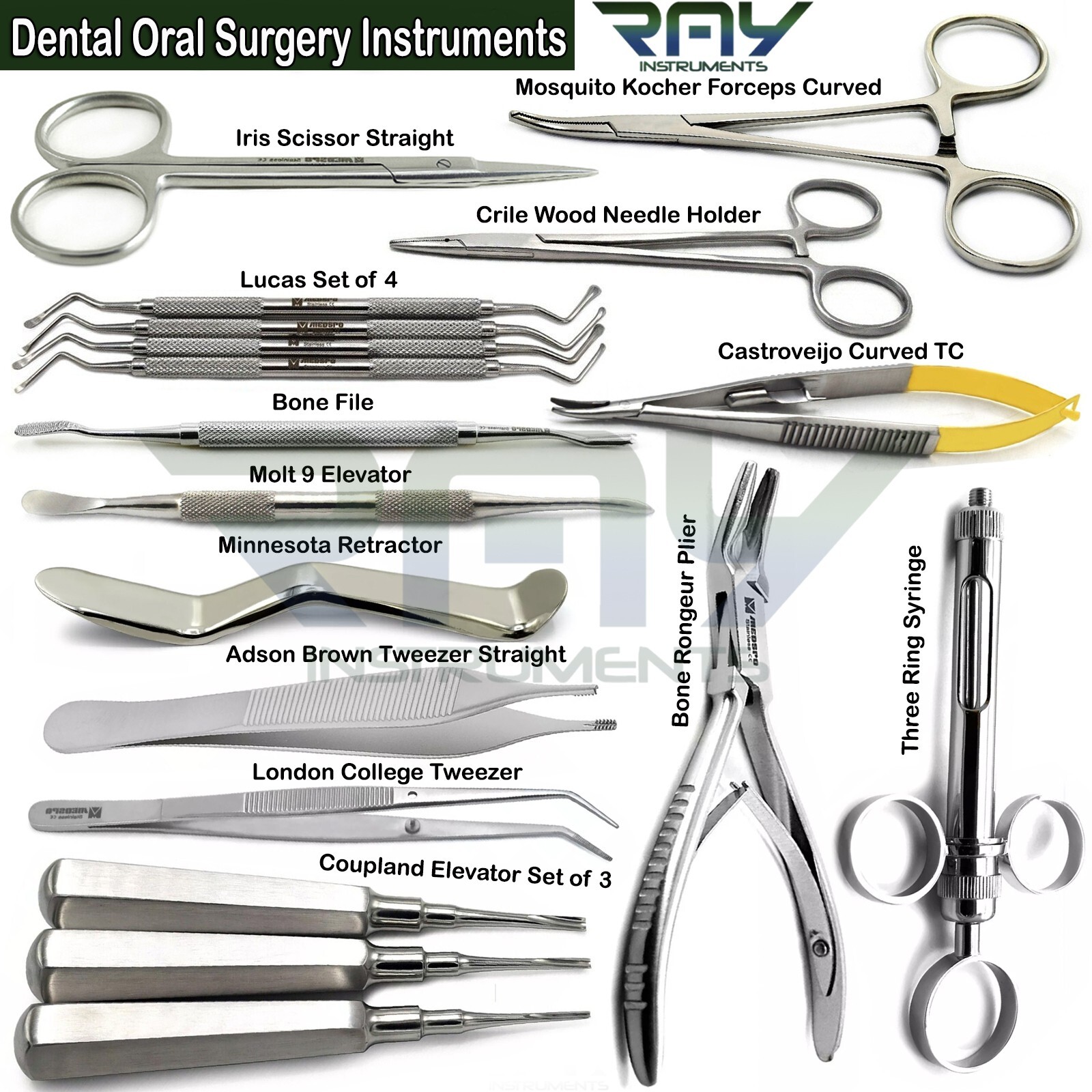 Dental Oral Surgery Kit Elevators Lucas Bone Curettes Castroviejo Forceps
