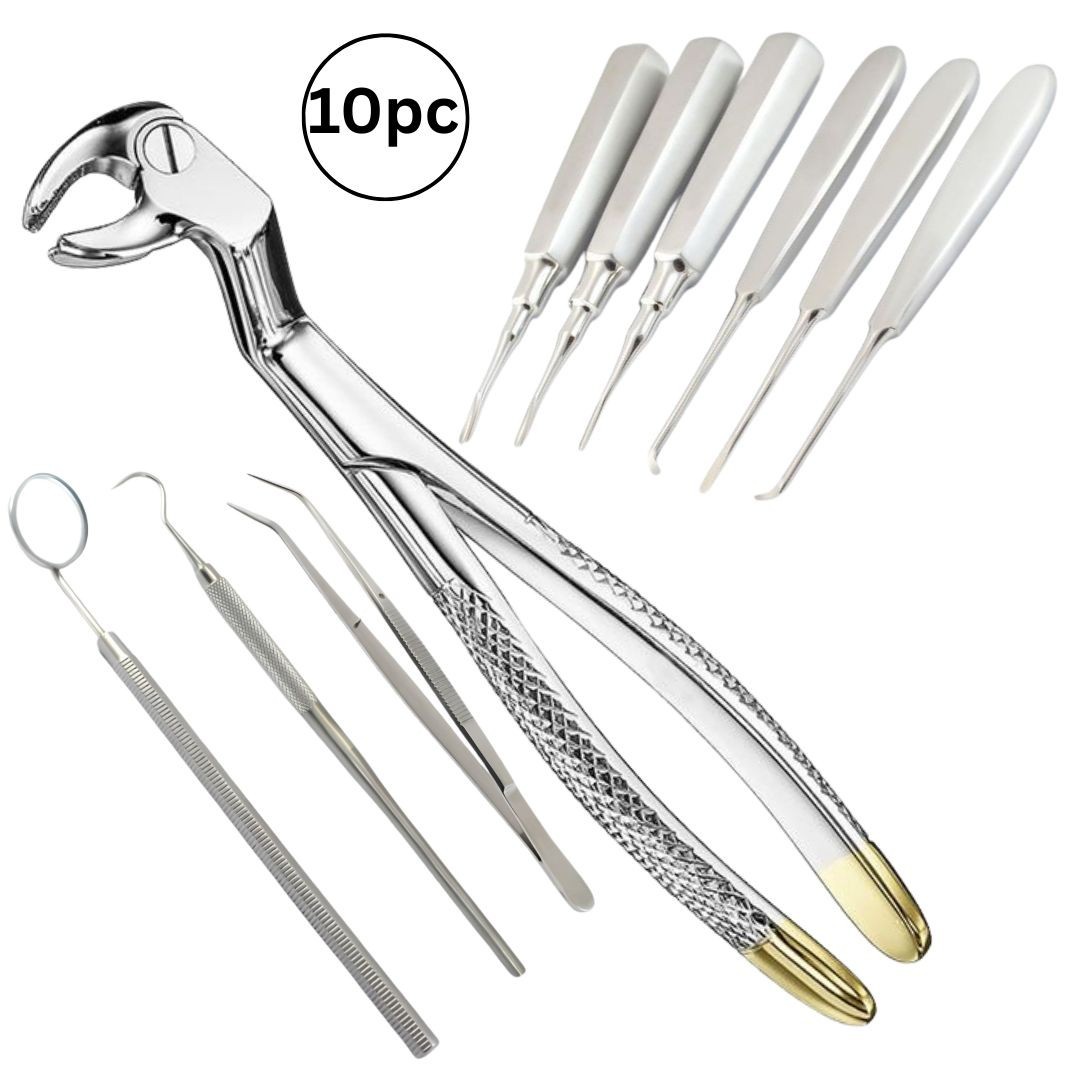 10Pc Dental Extraction Set – Tooth Forceps, Root Elevators, Mirror, Explorer & T