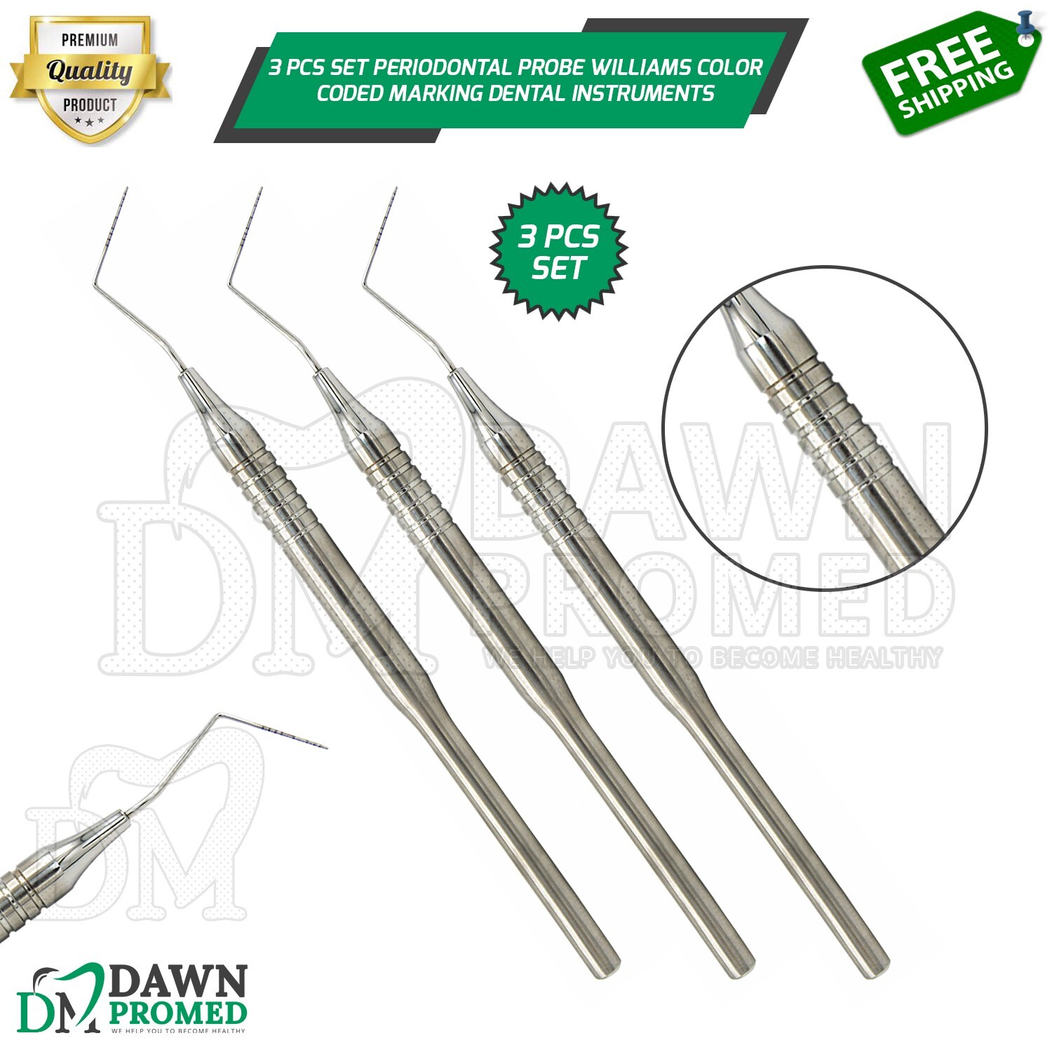 3 Pcs Set Periodontal Probe Williams Color Coded Marking Dental Instruments