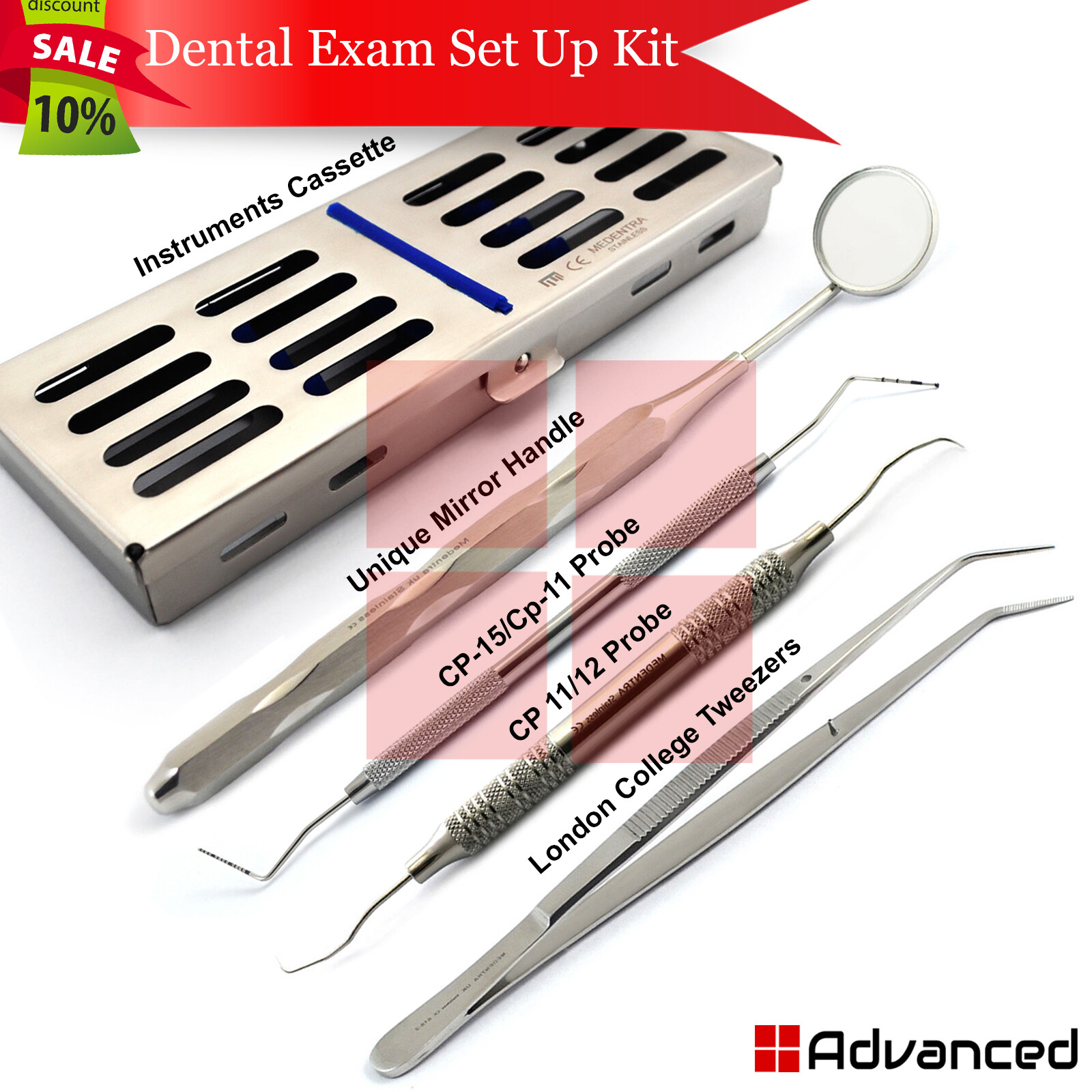 Dental Exam Set Up Kit Explorer 11/12 Probe CP-15/CP11.5 Color Coded + Cassette