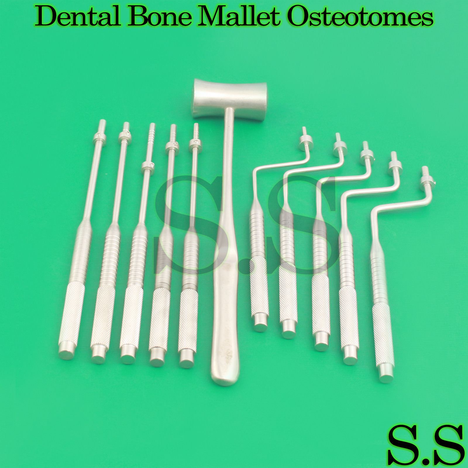 11 Pcs Osteotomes Straight Curved Tip Mallet Dental Bone Spreading Instruments
