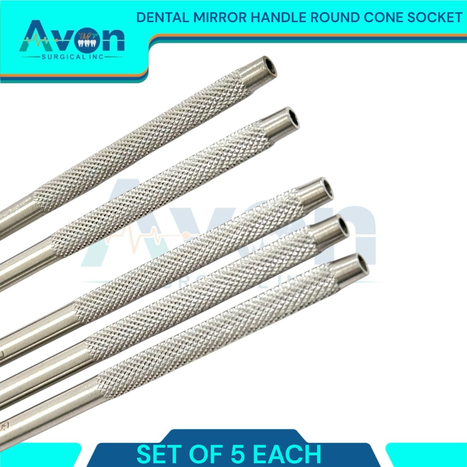 5pc Lot – Knurled Grip Cone Socket Dental Mirror Handles -German Stainless Steel