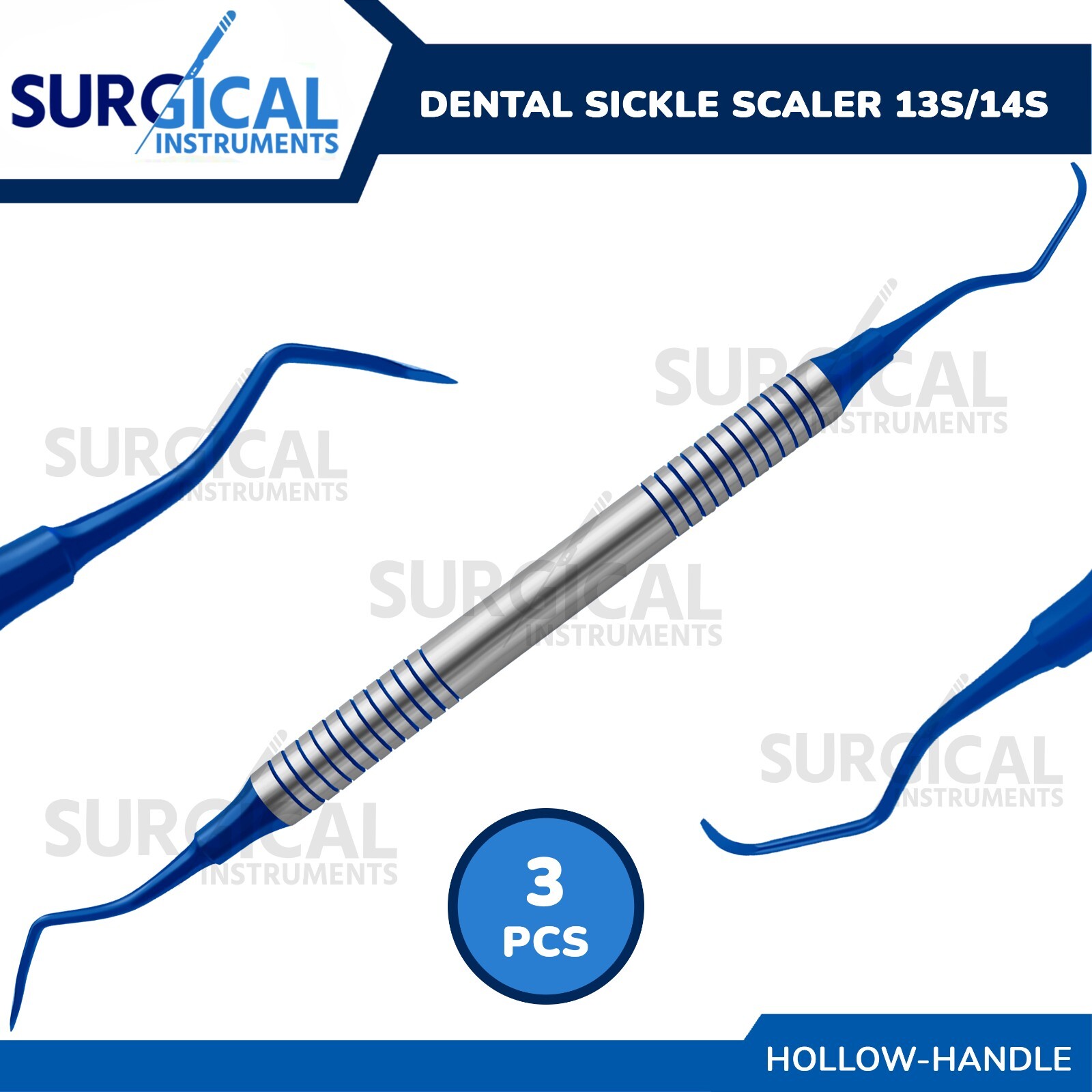 3 Pcs 13S-14S Dental Sickle Scaler Blue Titanium Tips Hollow Handle German Grade