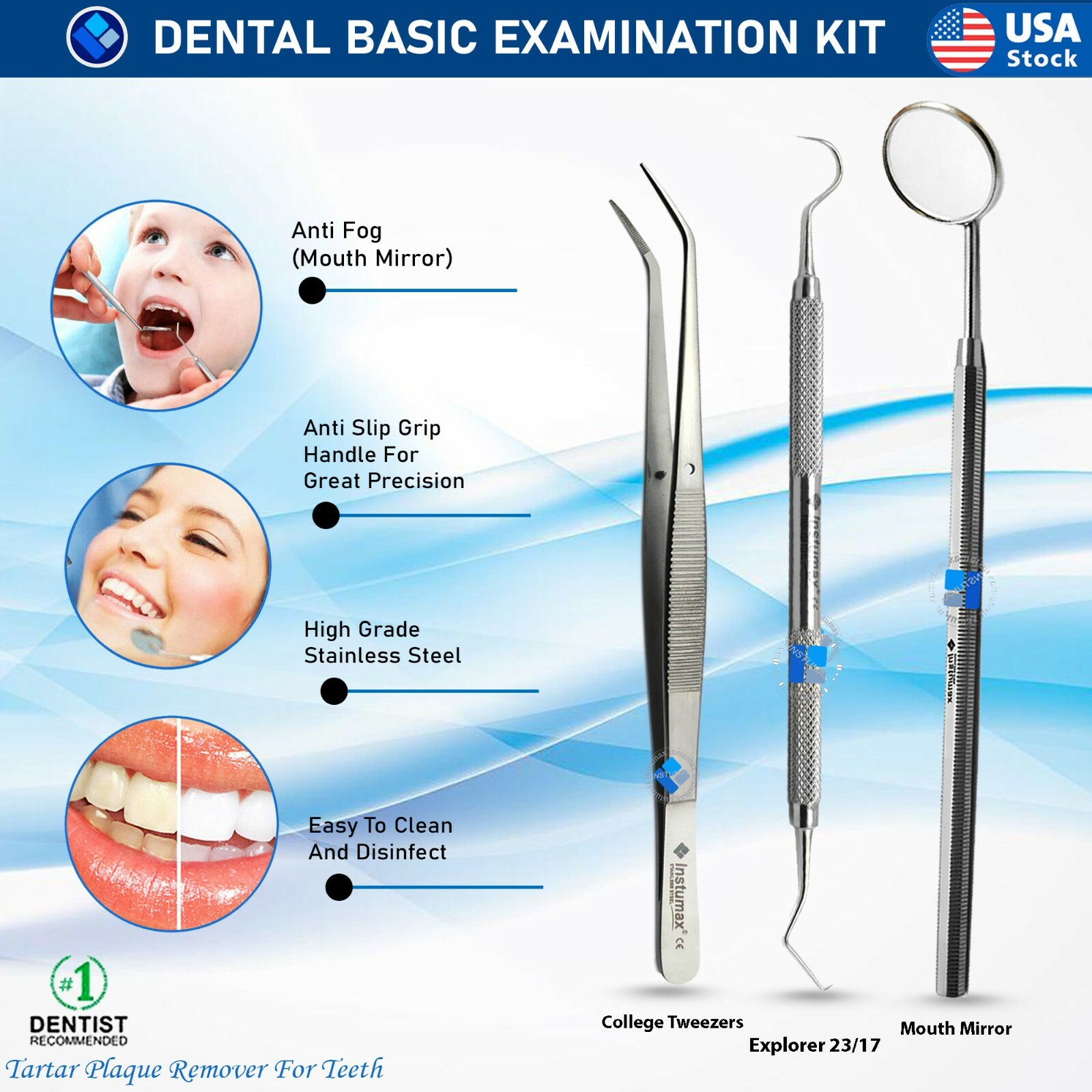 Dental Examination Kit Basic Hygiene Tweezer Mirror Explorer Cleaning Tool 3 Pcs