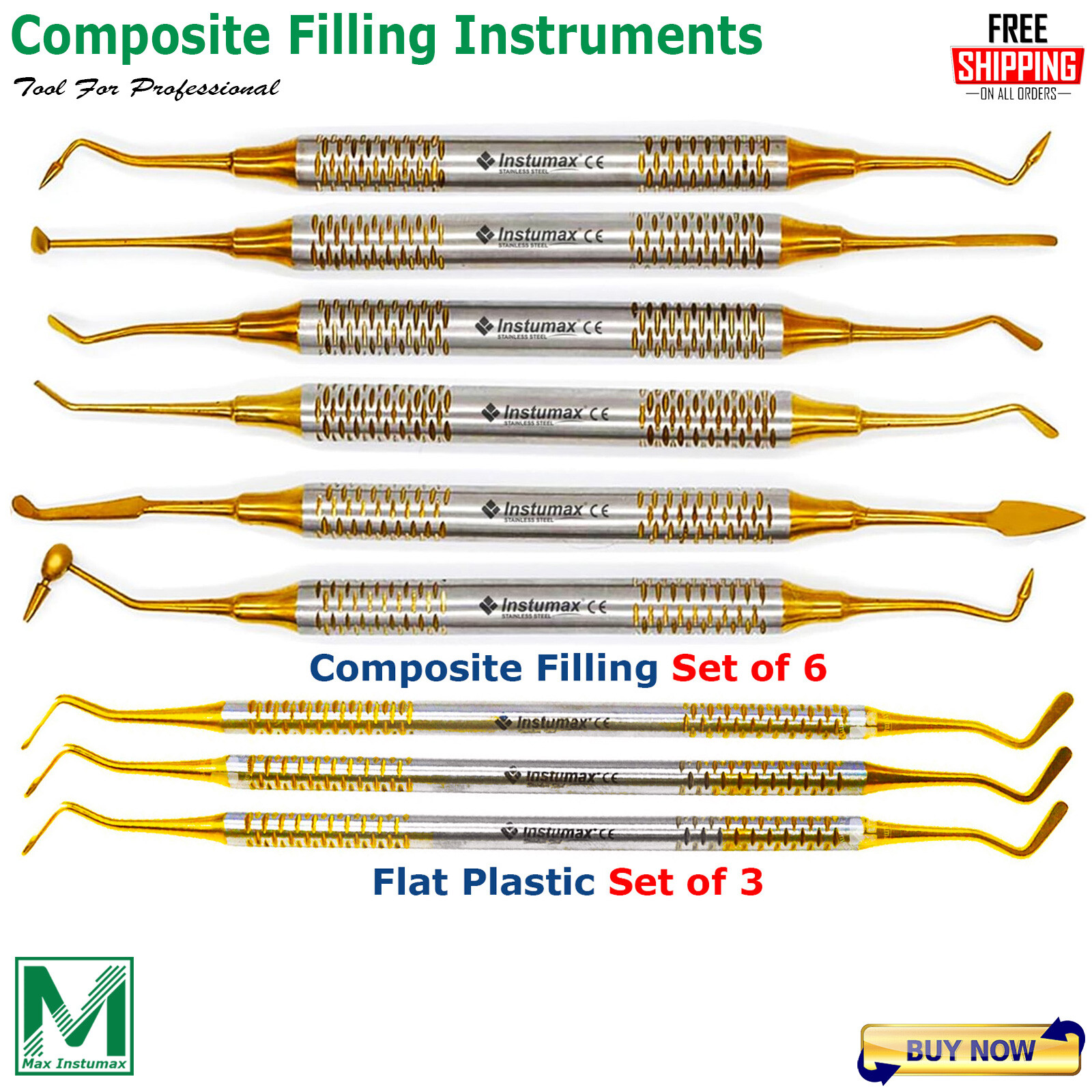 Dental Composite Filling Instruments Flat Plastic Titanium Gold Tips Set of 9 PC