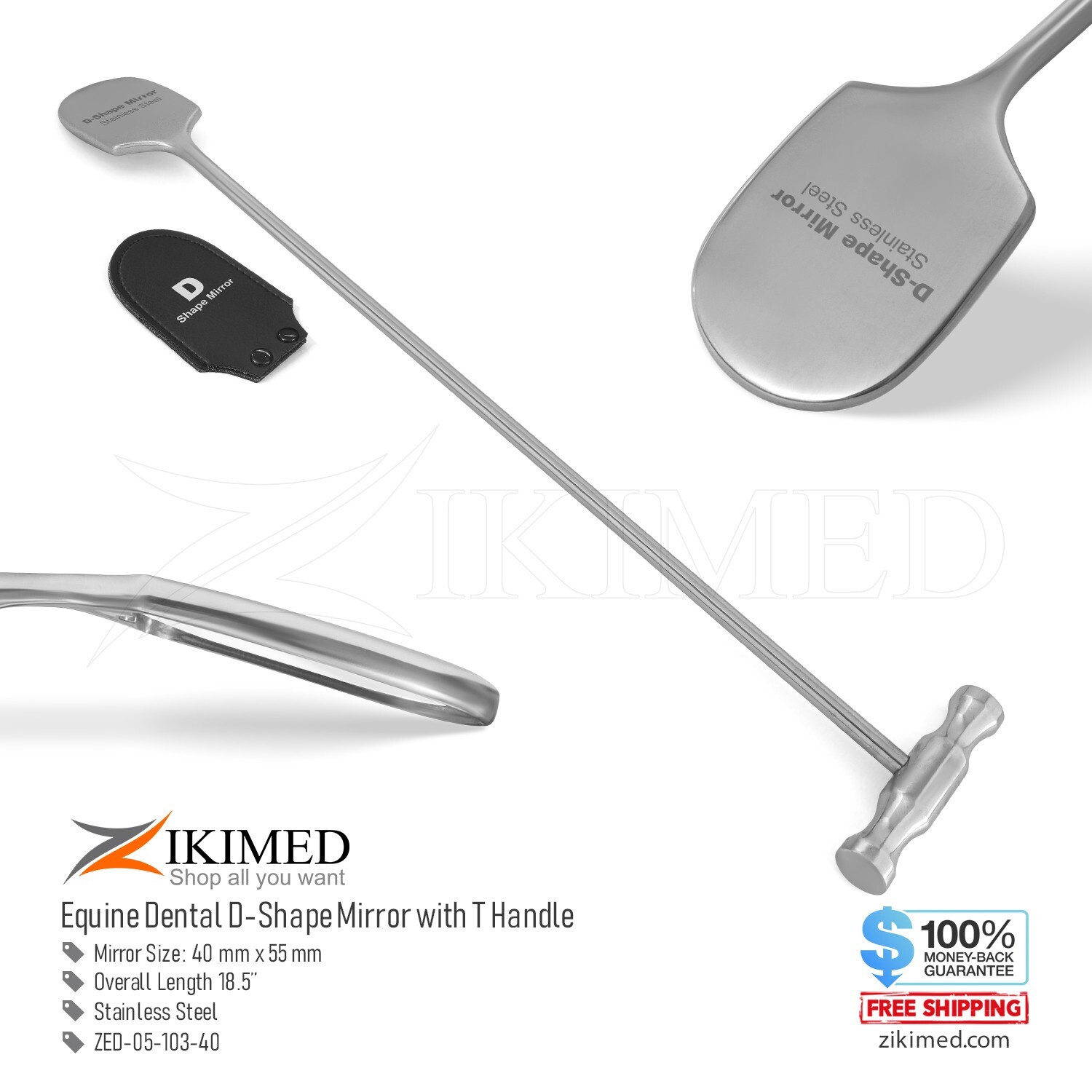 Equine Dental Examination D-Shape Mirror, Stainless Steel Length 18″ Long