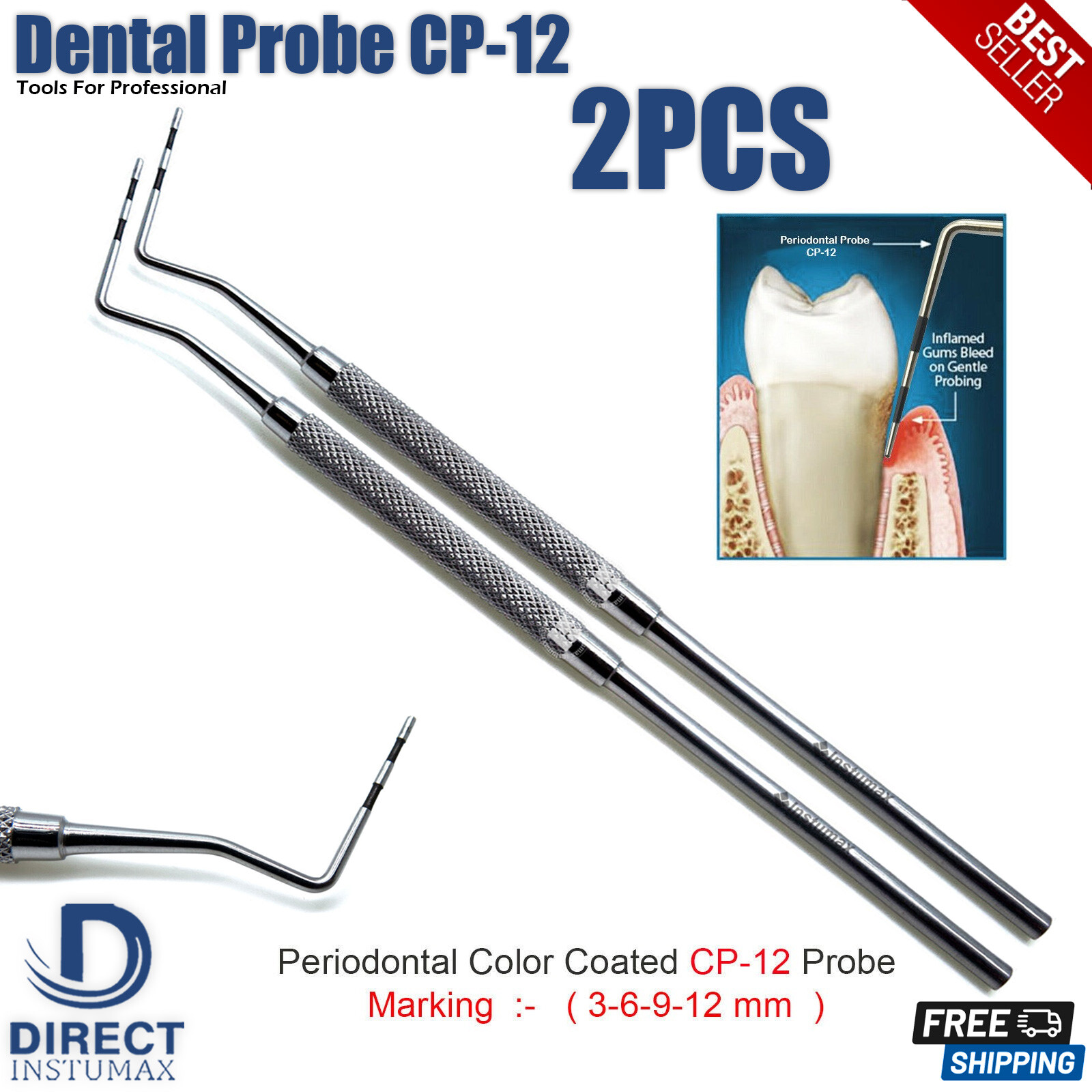 Dental CP-12 Periodontal Probes – Color-Coded 3-6-9-12 mm Markings (2 pcs)