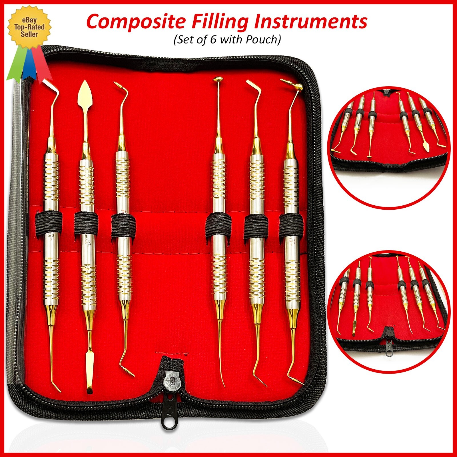 Dental Composite Filling Instruments Set of 6 Restorations Gold with Pouch