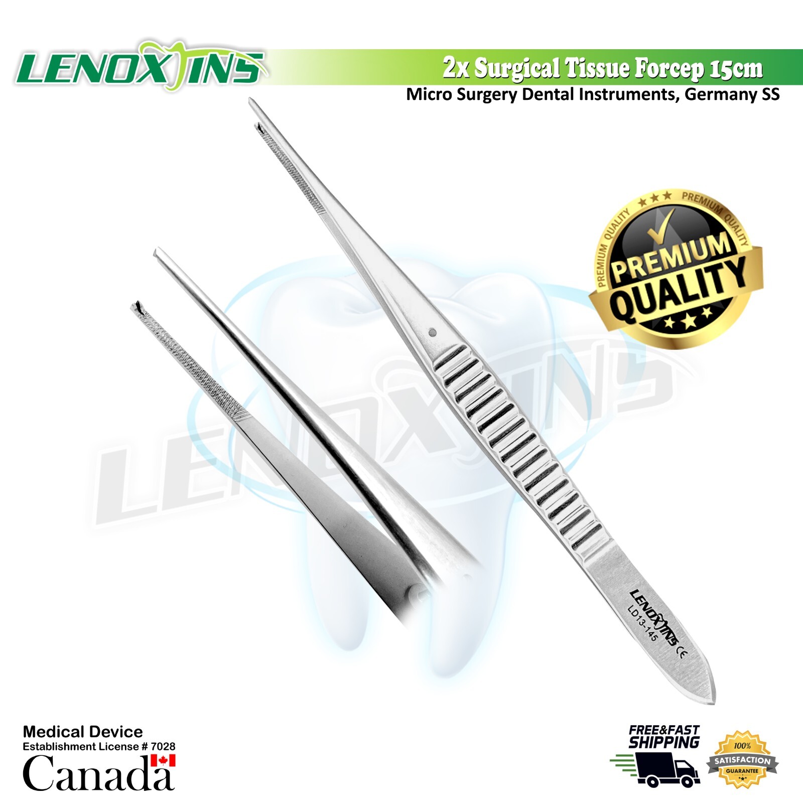 2x Surgical Tissue Forceps 15cm, Micro Surgery Dental Instruments, Germany SS,