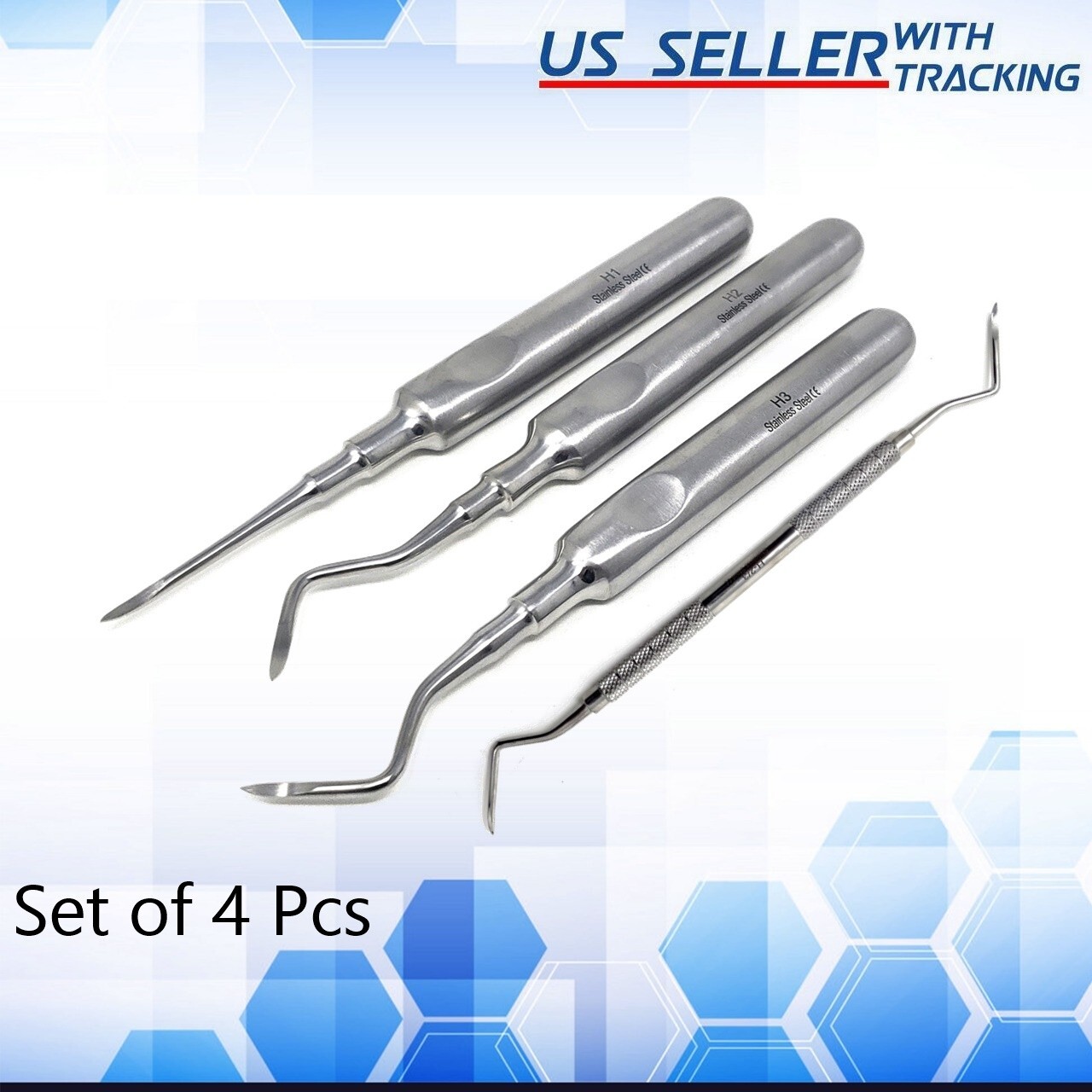 4 Pc DENTAL HEIDBRINK ROOT TIP PICKS ELEVATORS H1, H2, H3, H2/3 STAINLESS STEEL