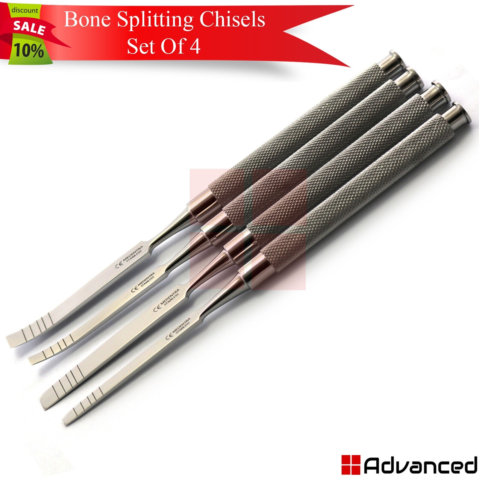 4 Pcs Dental Chisels Straight-Curved Osteotome Bone Ridge Splitting Extraction