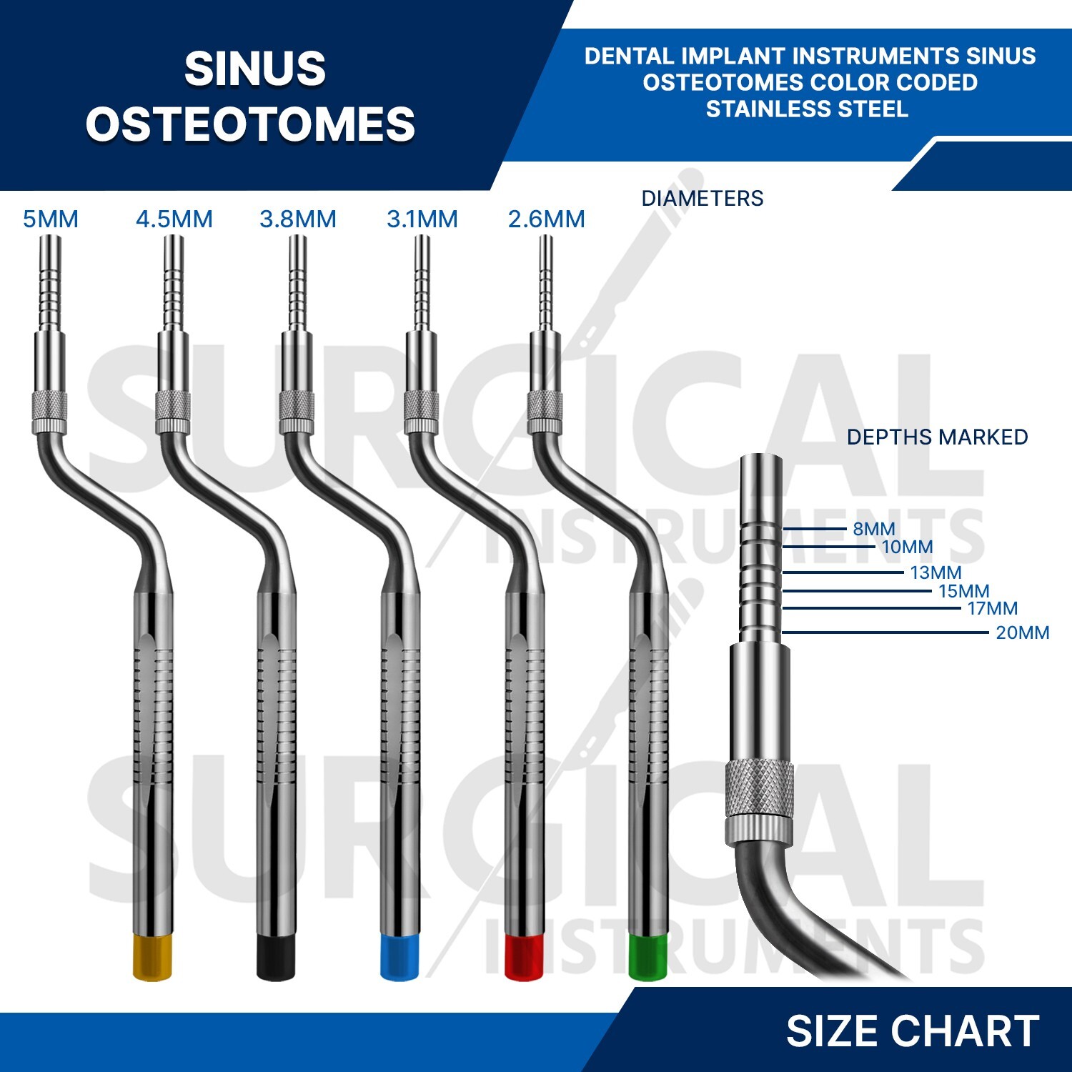 10 Pcs Sinus Lift Osteotomes Set Kit Dental Implant (Concave Tips) German Grade