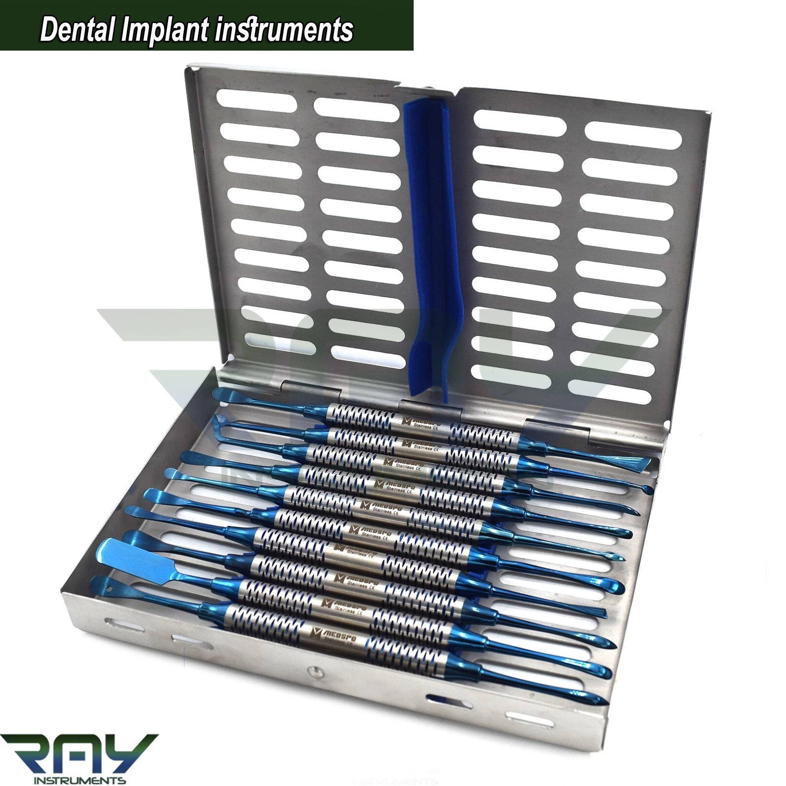 Dental Implant Instruments Periosteal Elevators Blue Set of 10 With Cassette