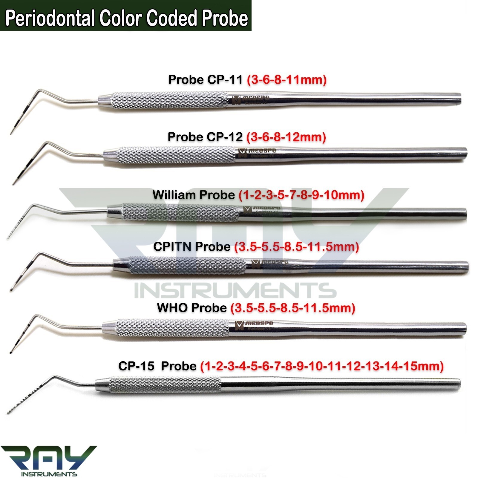 Periodontal Probe Color Coded Pocket Depth Measuring Diagnostic Instruments