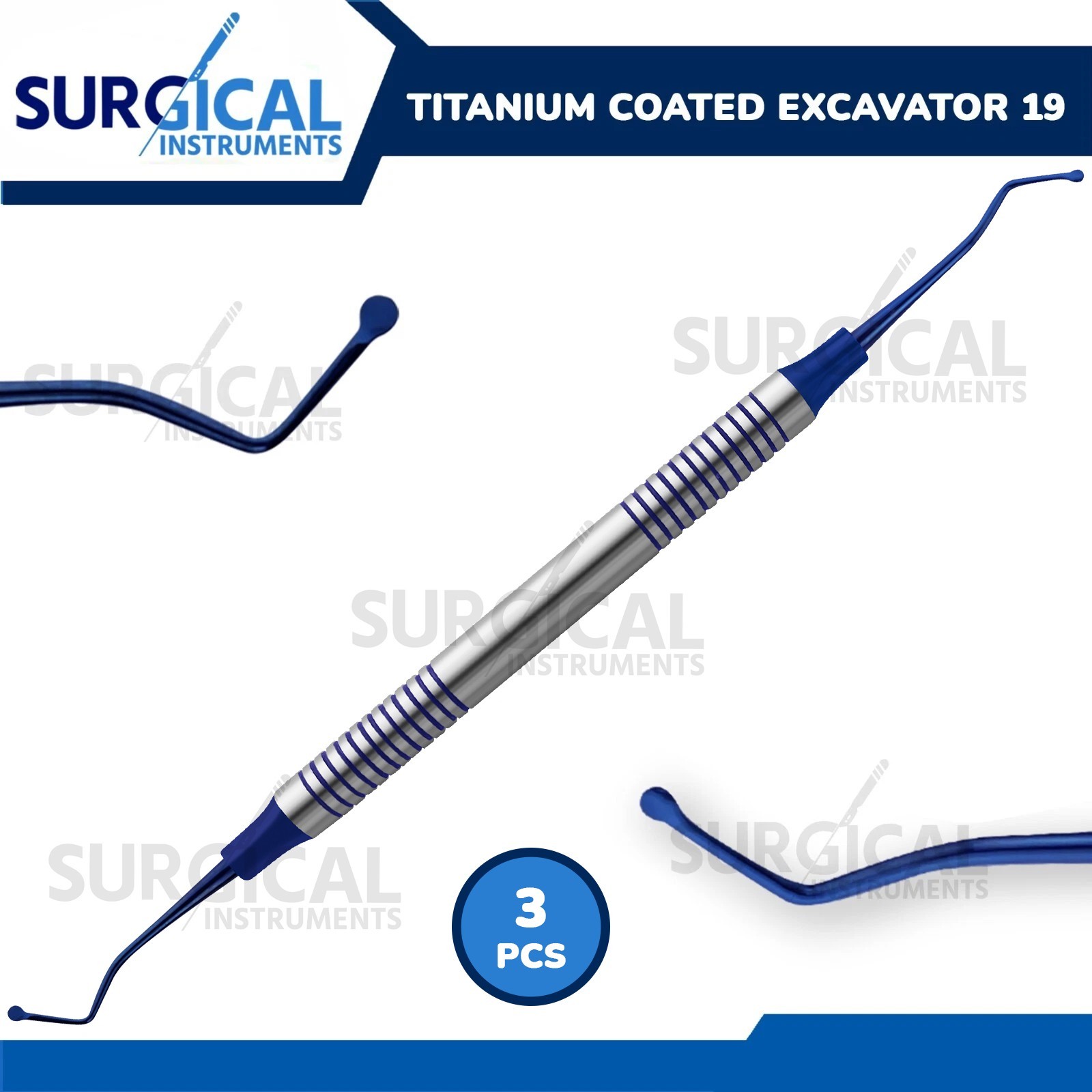 3 Pcs Double Ended Blue Titanium Coated Excavator #19 Oral Dental German Grade