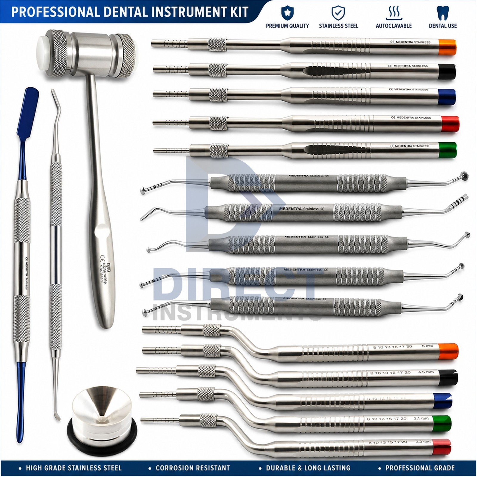 19Pc Dental Osteotome Mushroom Elevator Kit W/ Mallet Stainless Steel Instrument