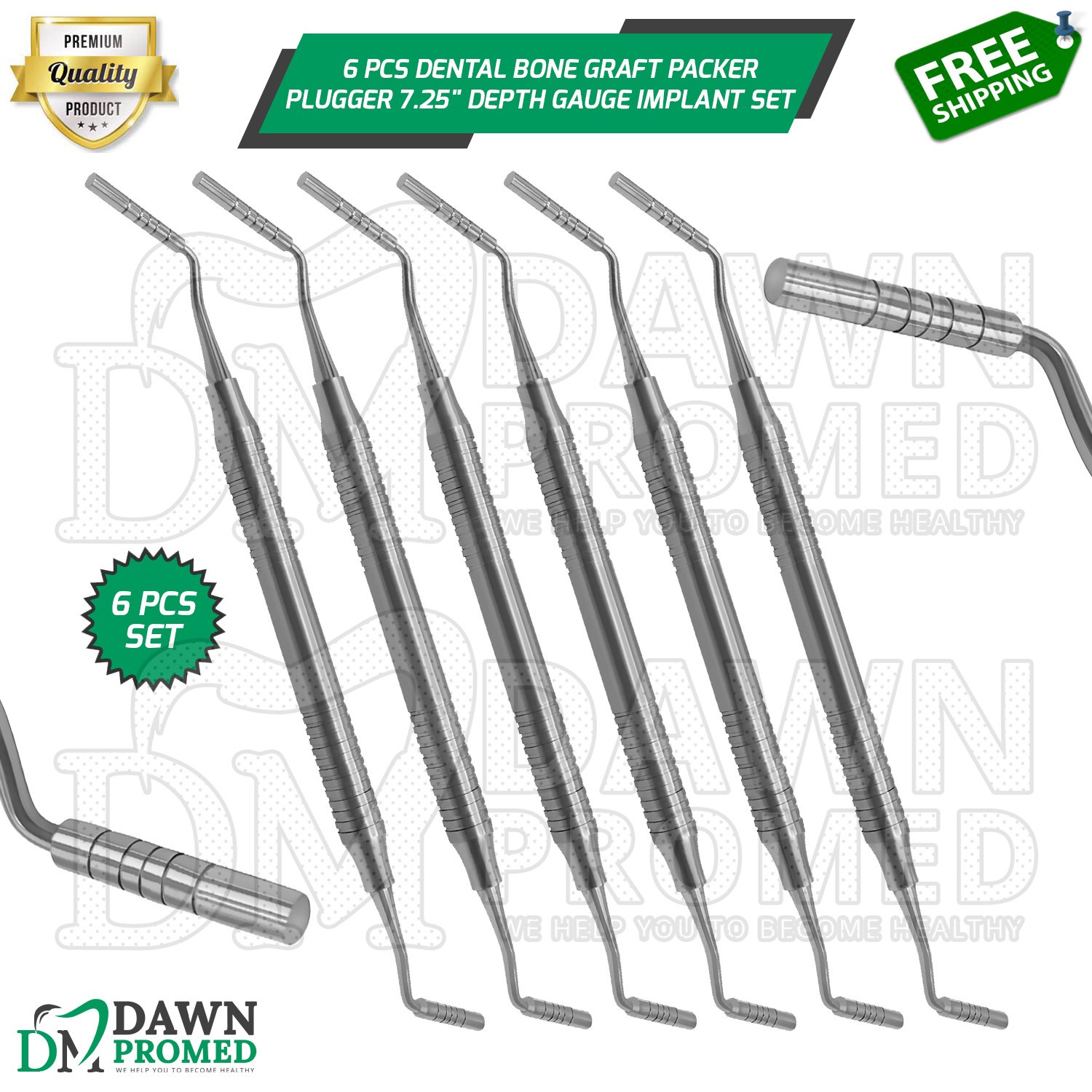 6 Pcs Dental Bone Graft Packer Plugger 7.25″ Depth Gauge Implant Instruments Set