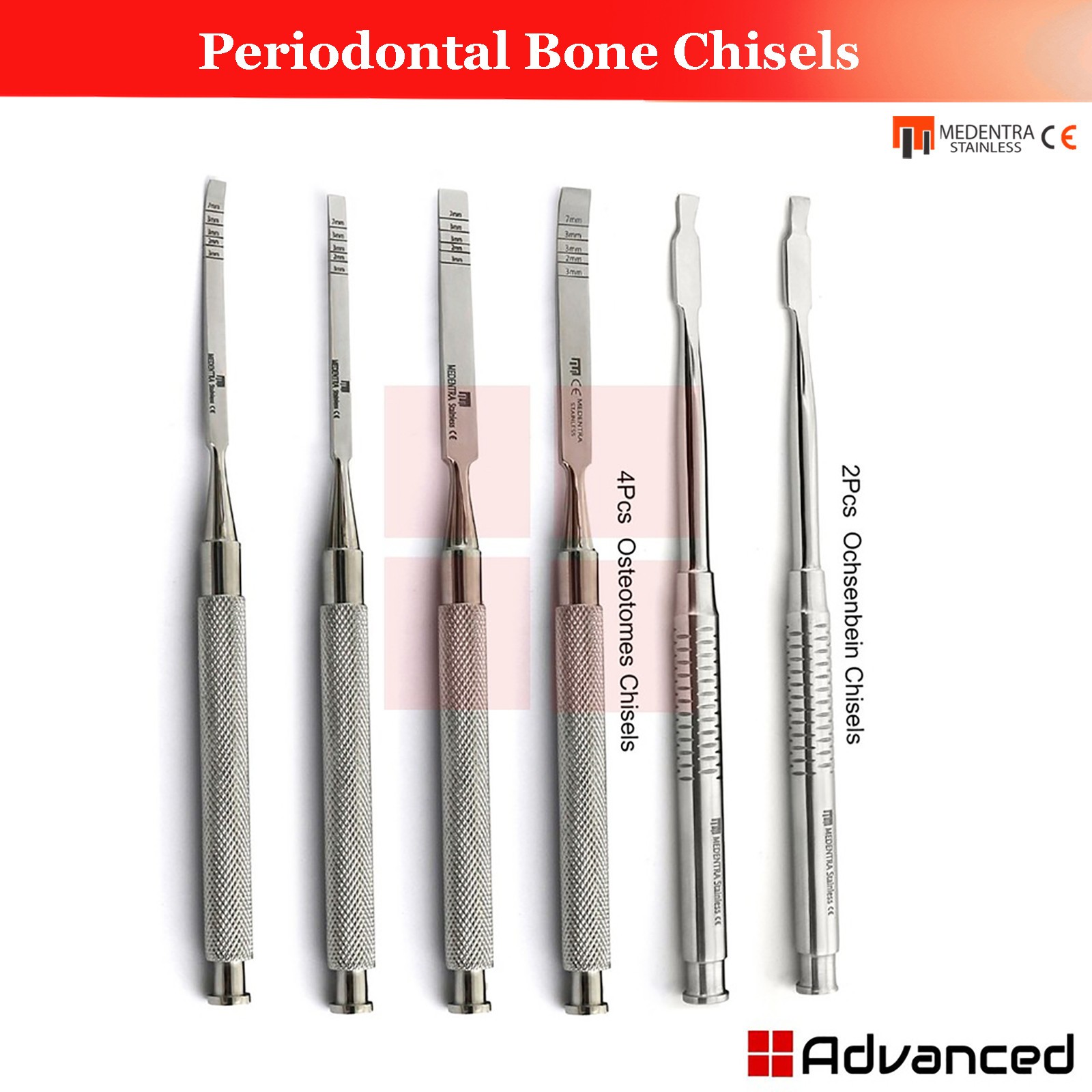 6 Pcs Periodontal Bone Chisel Set 4 Osteotomes & 2 Ochsenbein Dental Chisels