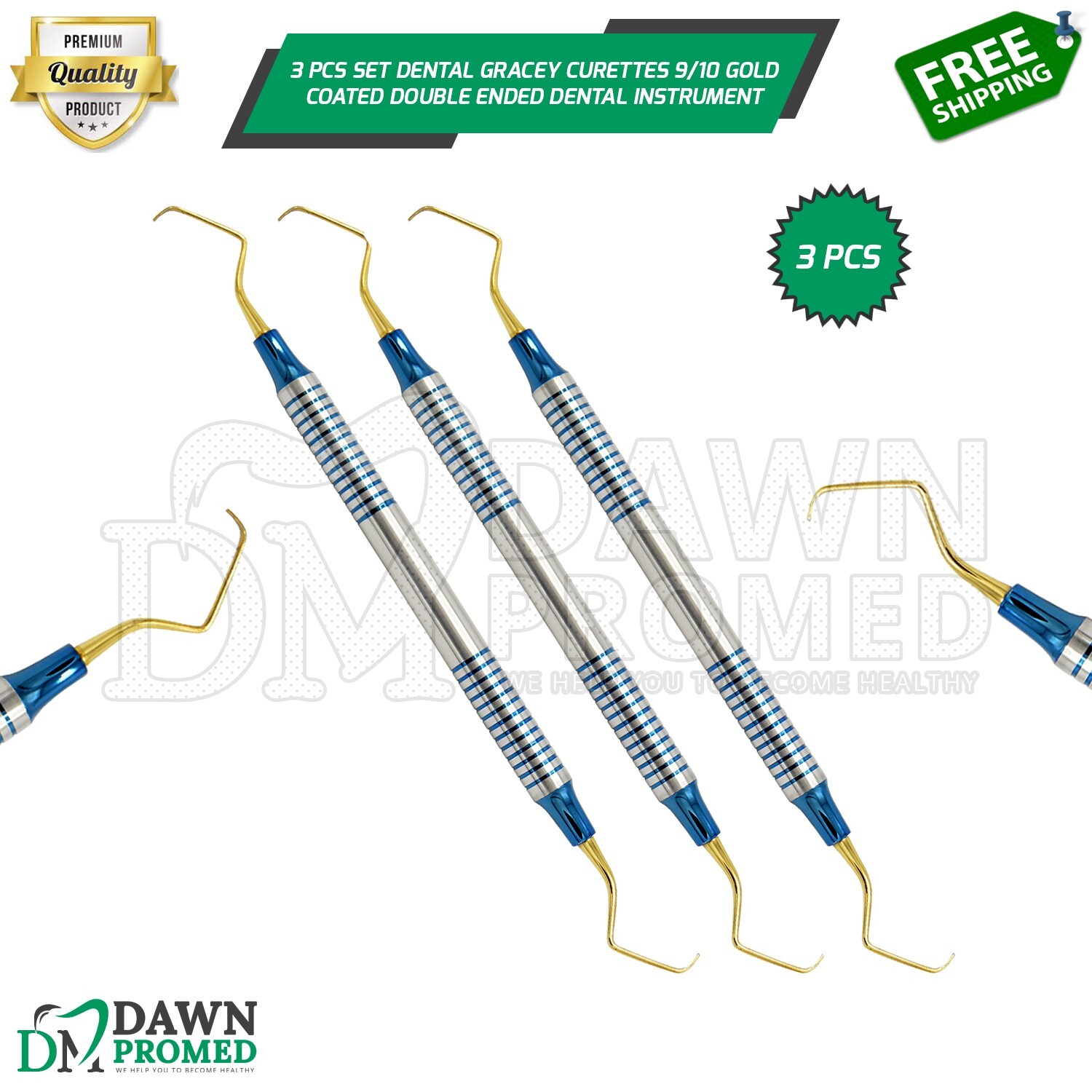 3 Pcs Set Dental Gracey Curettes 9/10 Gold Coated Double Ended Dental Instrument