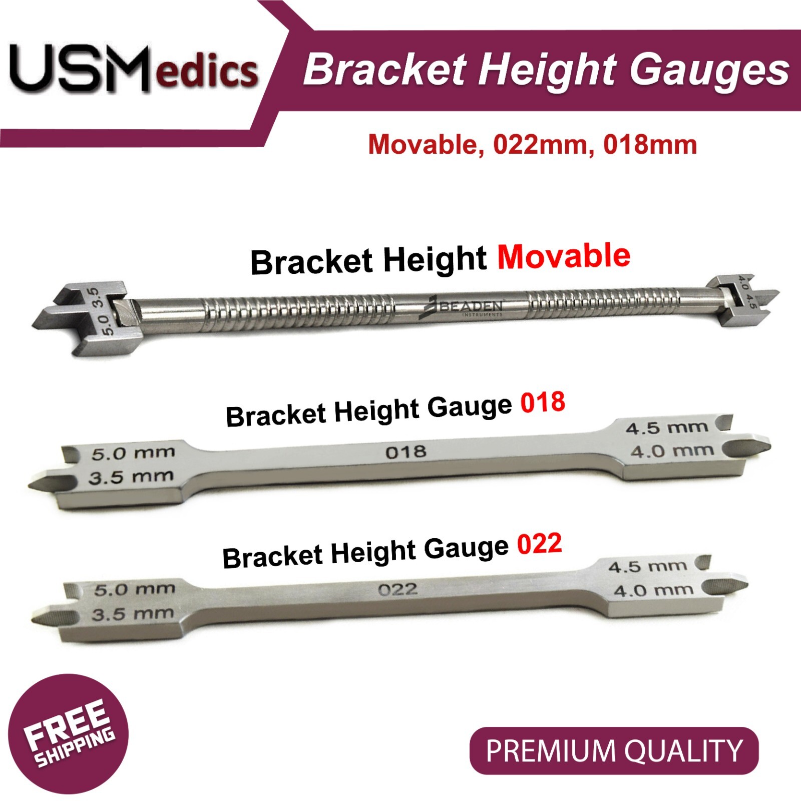 Orthodontic Dental Bracket Height Gauge Lab Instruments .18mm, .22mm NEW BEADEN®