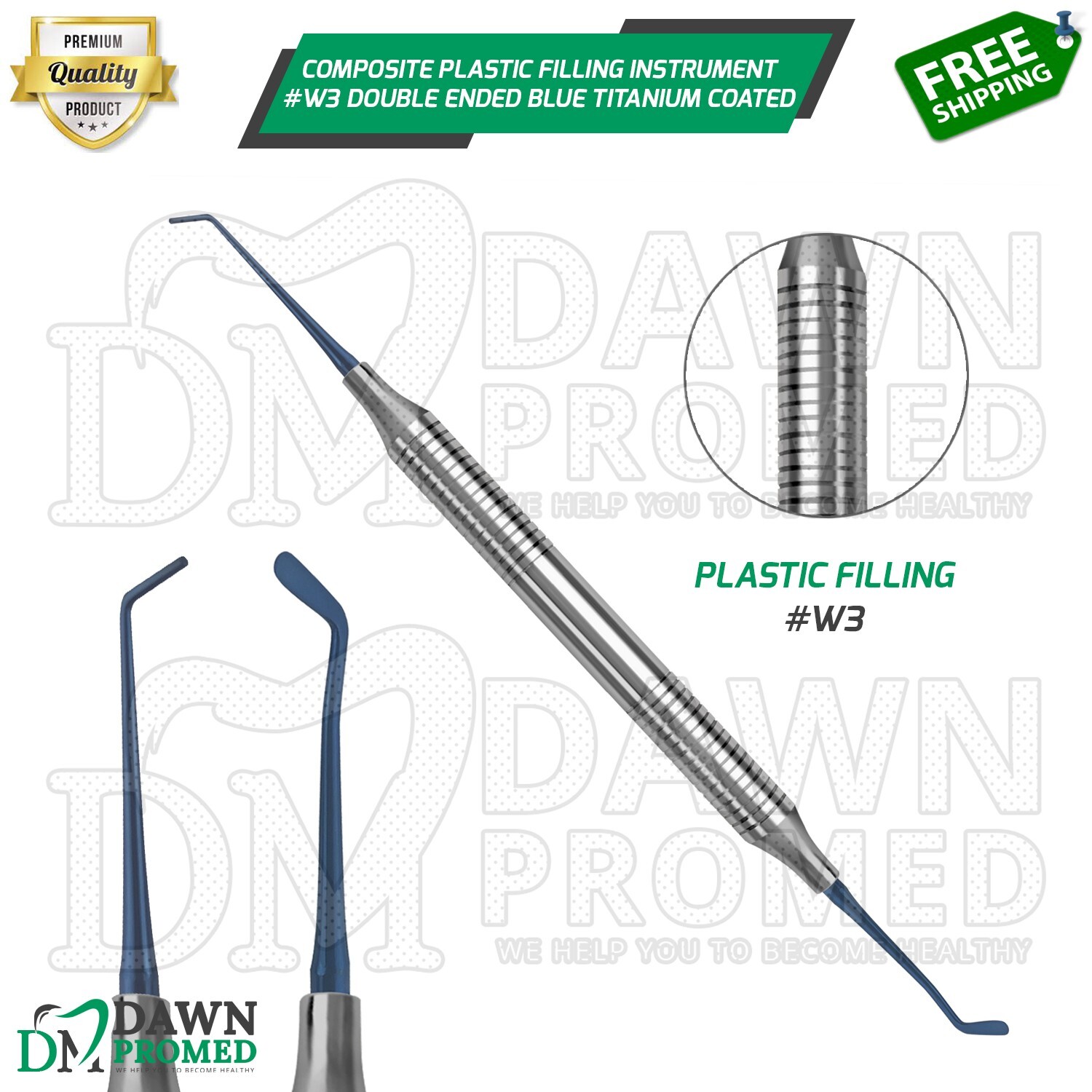 Dental Composite Plastic Filling Instrument W3 Double Ended Blue Titanium Coated