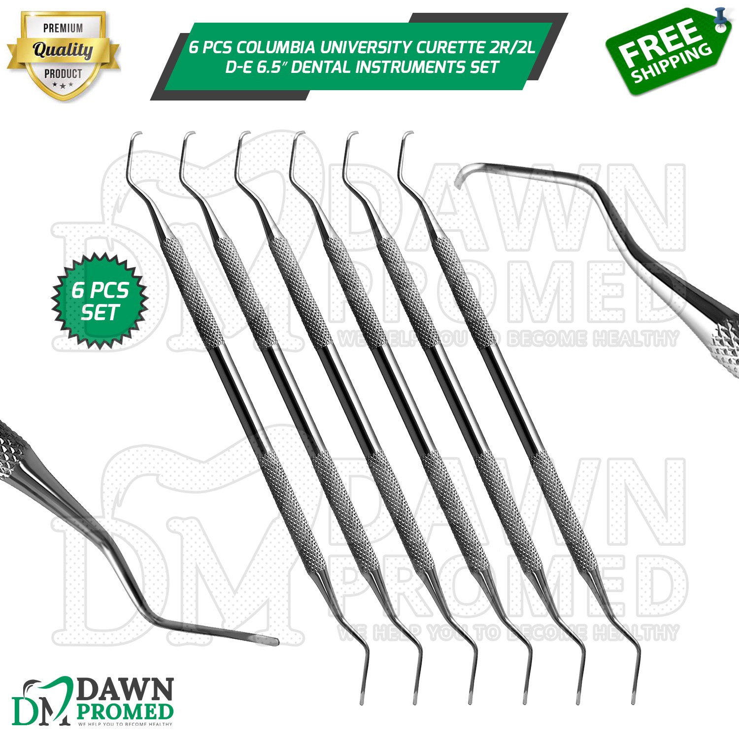 6 Pcs Columbia University Curette 2R/2L Double Ended 6.5″ Dental Instruments Set